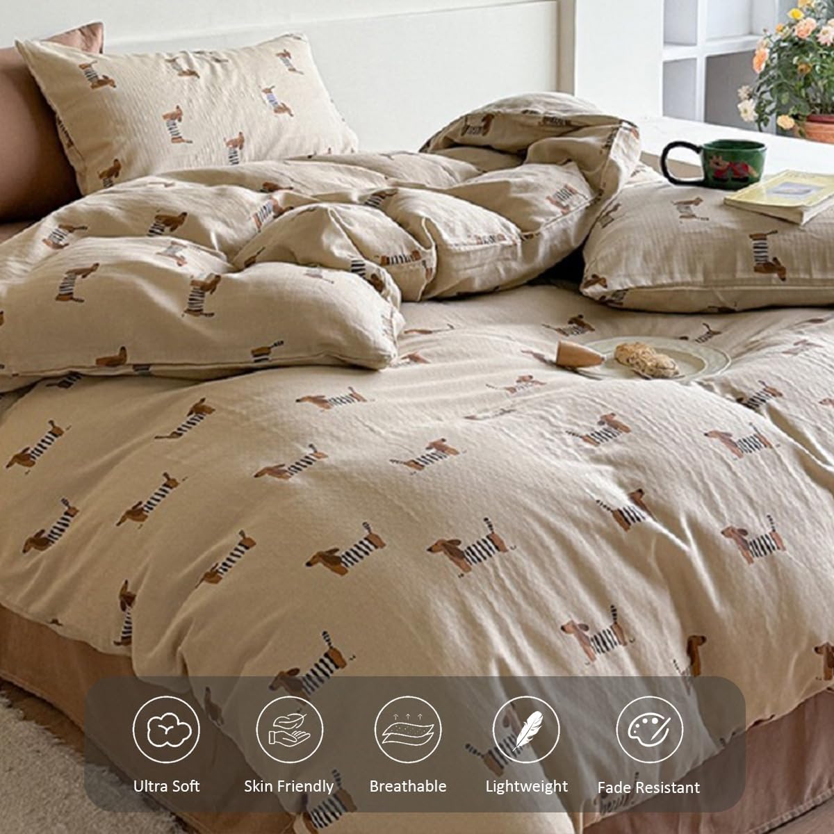 Duvet Cover Set Twin Size Brown Dachshund Bedding Set for Girls Boys,Dog Puppy Duvet Cover Kids with Zipper Closure and 1 Pillowcase - Image 5