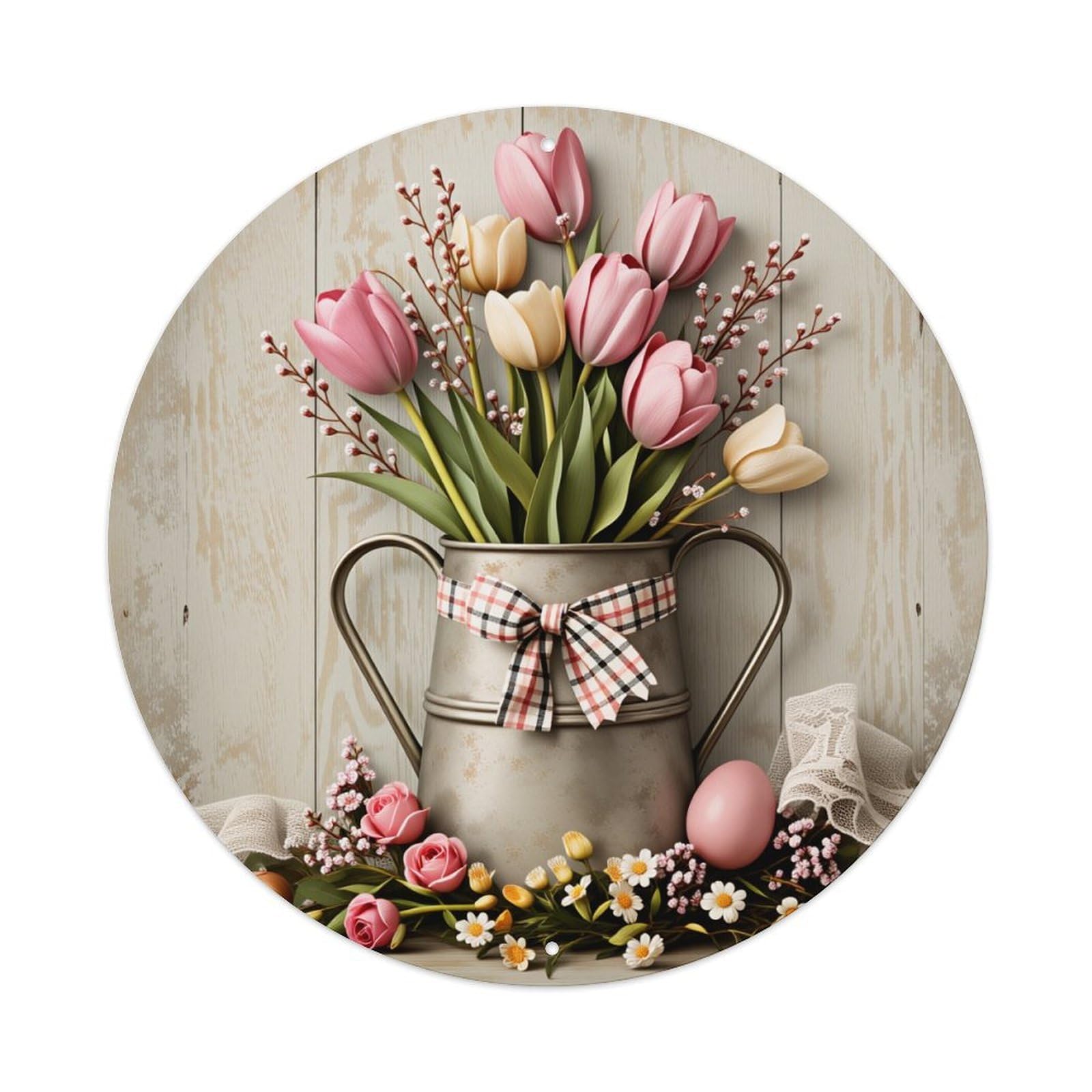 Wmlzdnwr Vintage Pink Tulips And White Daisies In Metal Vase With Ribbon Round Tin Sign,Retro Wall Art,Metal Poster For Home, Bar, Garage, Cafe, Rustic Indoor & Outdoor Decor, 8X8 Inches