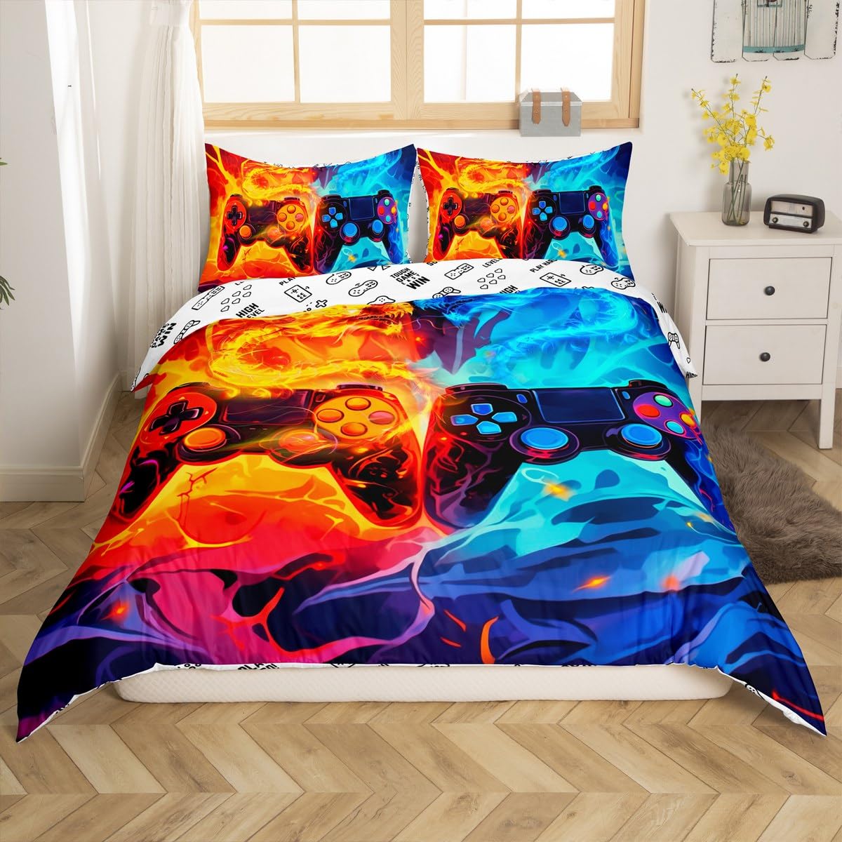 Gaming Home Video Game Duvet Cover Queen Size,Boys Girls Gamepad Red Blue Flame Super Soft Bedding Set,Watercolor Abstract Dragon Comforter Cover Bedding 3 Piece (No Comforter)