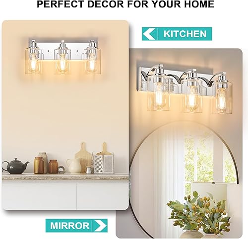 Miniatura 8 de Lámparas de baño de 3 luces, modernas luces cromadas para tocador de baño, accesorios de iluminación sobre espejo con pantalla de vidrio