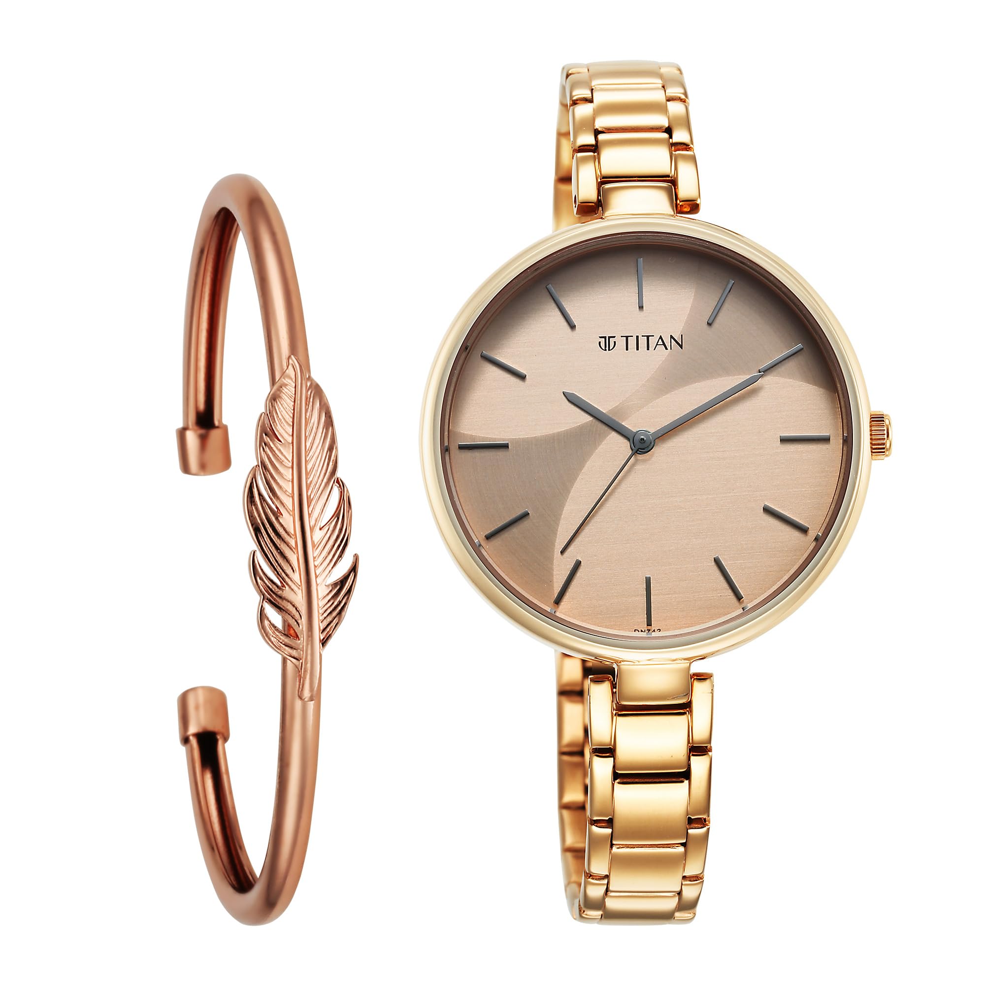 Titan Purple Stackables Quartz Analog Two Toned Champagne and Rose Gold Dial Gold Stainless Steel Strap Watch for Women - NT2714WM01F