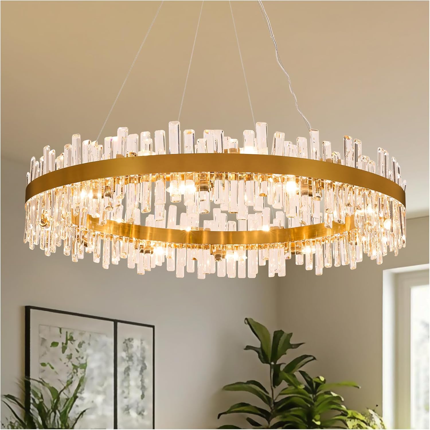48-Inch Gold Modern Crystal Chandelier, 24 Lights, Large Round 2-Tier K9 Crystal Raindrop Pendant Light Fixture for Dining Room, Living Room, Kitchen Island, Bedroom