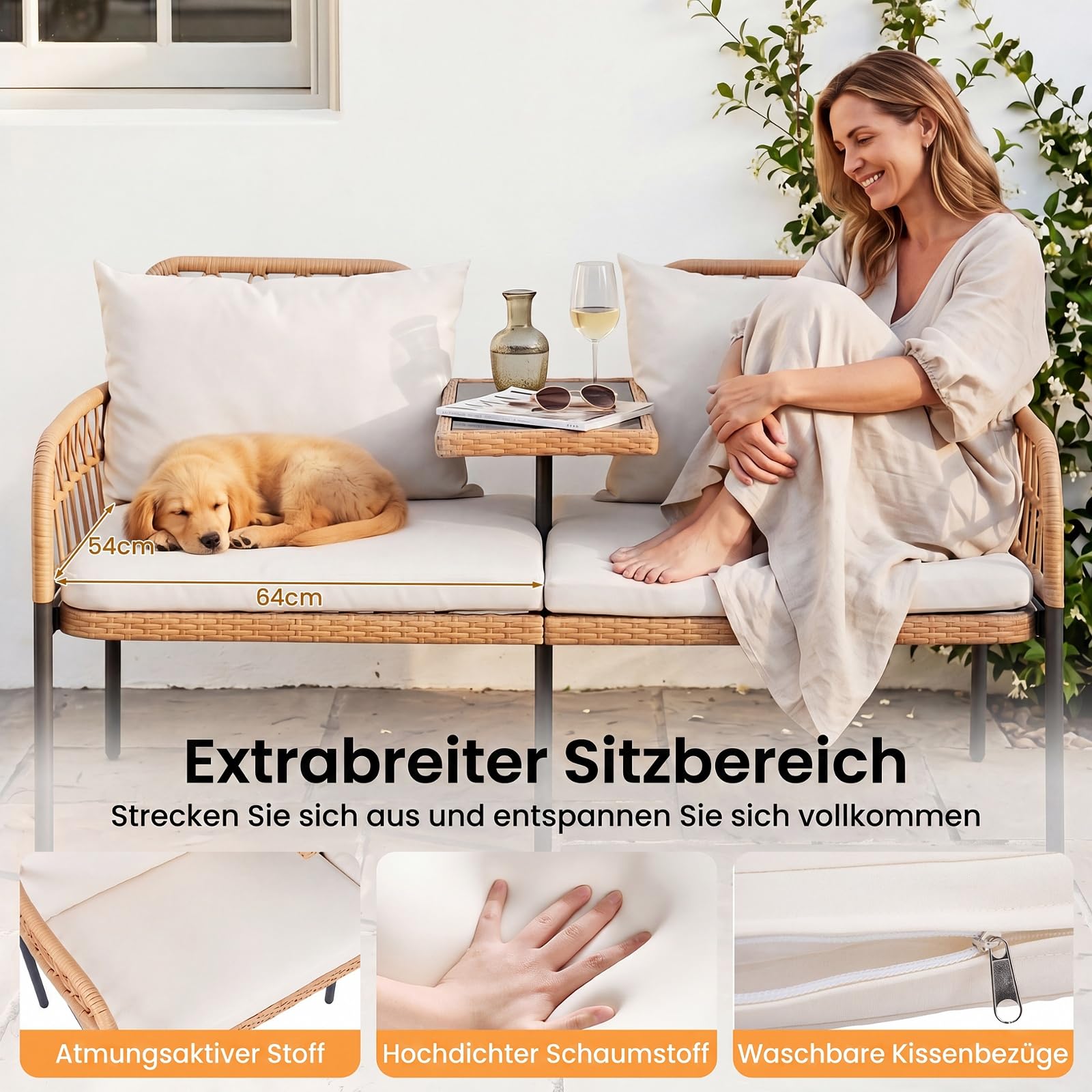COSTWAY Gartenbank mit Tisch, Polyrattan Bank mit Kissen, 2-Sitzer Sitzbank, Balkonbank, Balkonmöbel, Sitzgruppe für Balkon, Garten, Terrasse, 137 x 64 x 84 cm