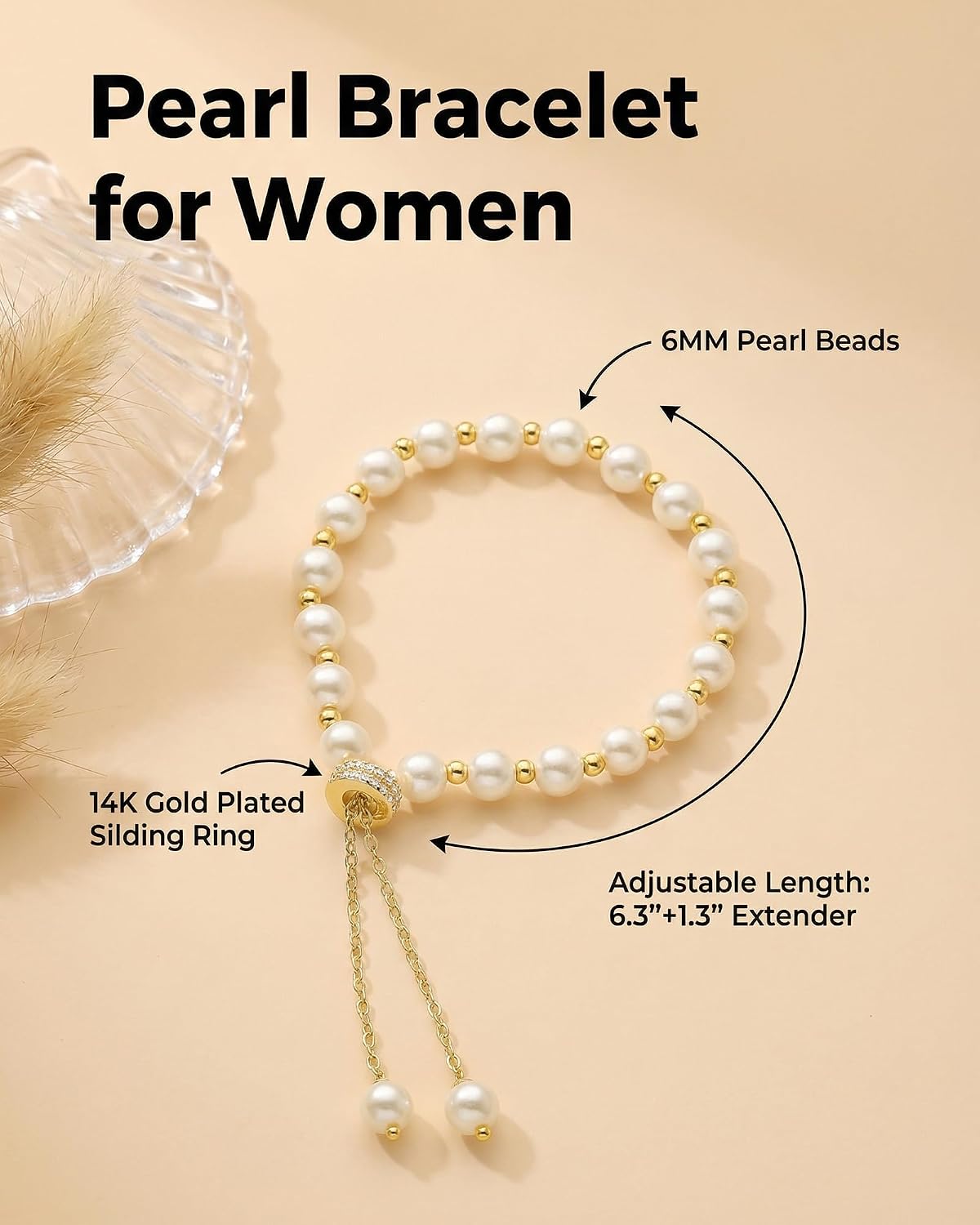 Pearl Bracelets for Women - Dainty 14K Gold Plated Beaded Pearl Link Chain Birthday Christmas Jewelry Gifts for Women
