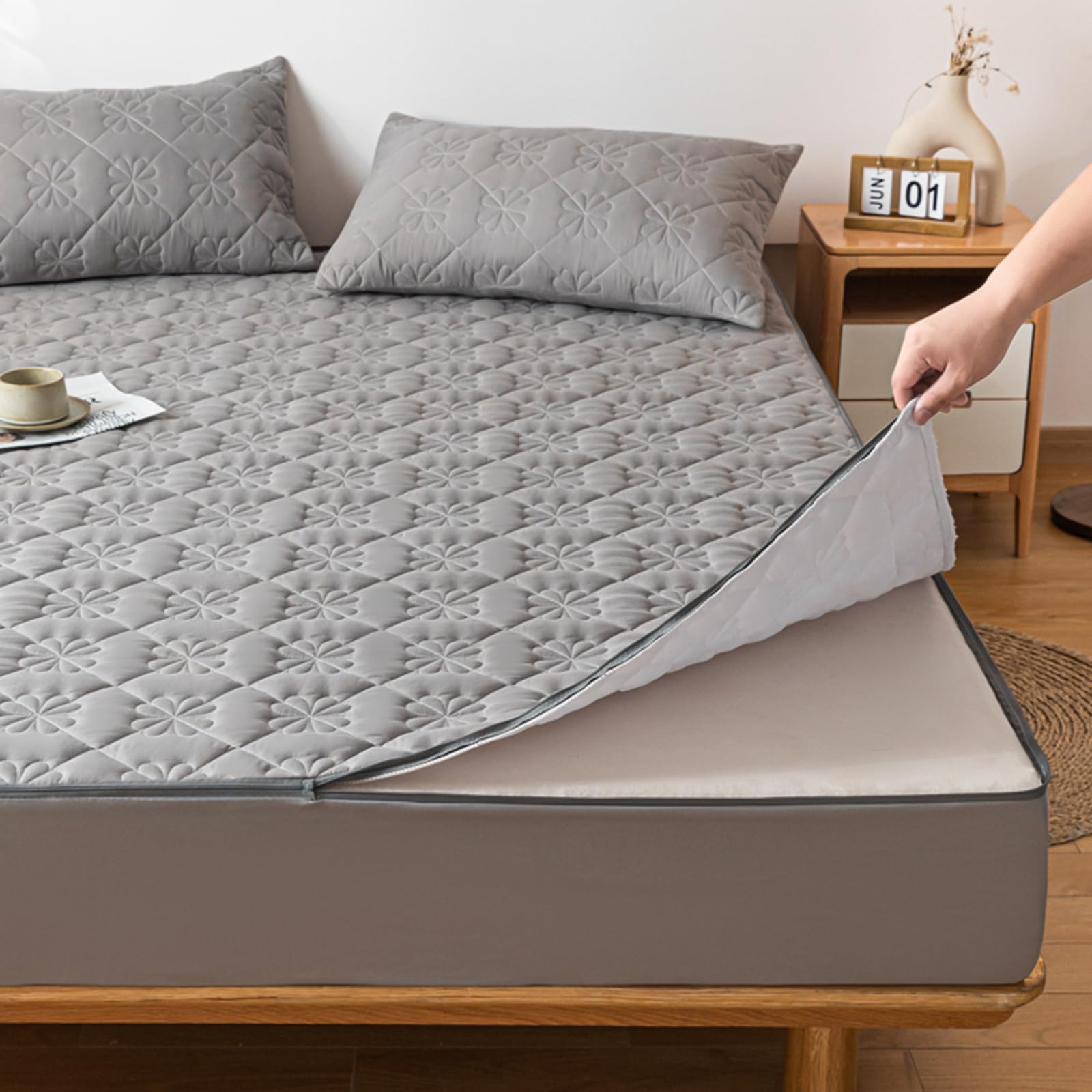 Oddychający wodoodporny szary ochraniacz na materac 140 x 190 cm, pełny rozmiar, pokrowiec z zamkiem błyskawicznym, głęboka kieszeń 20 cm, najwyższa ochrona i bezpieczeństwo podczas przeprowadzki i