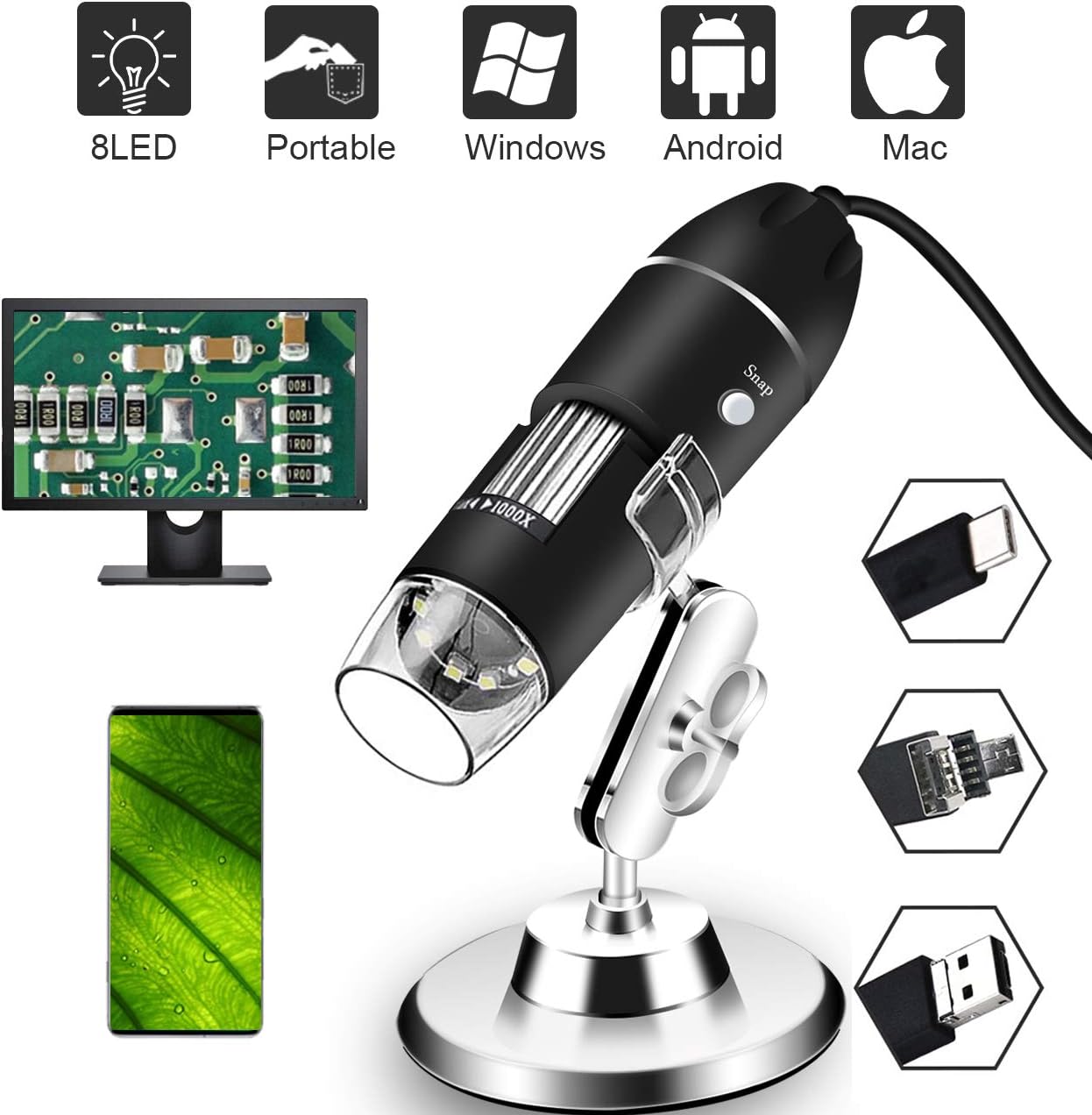 Digital USB Microscope 40X to 1000X, 8 LED Magnification Mini Handheld Endoscope Camera with Stand, Compatible with Windows 7 8 10 Android Mac Linux