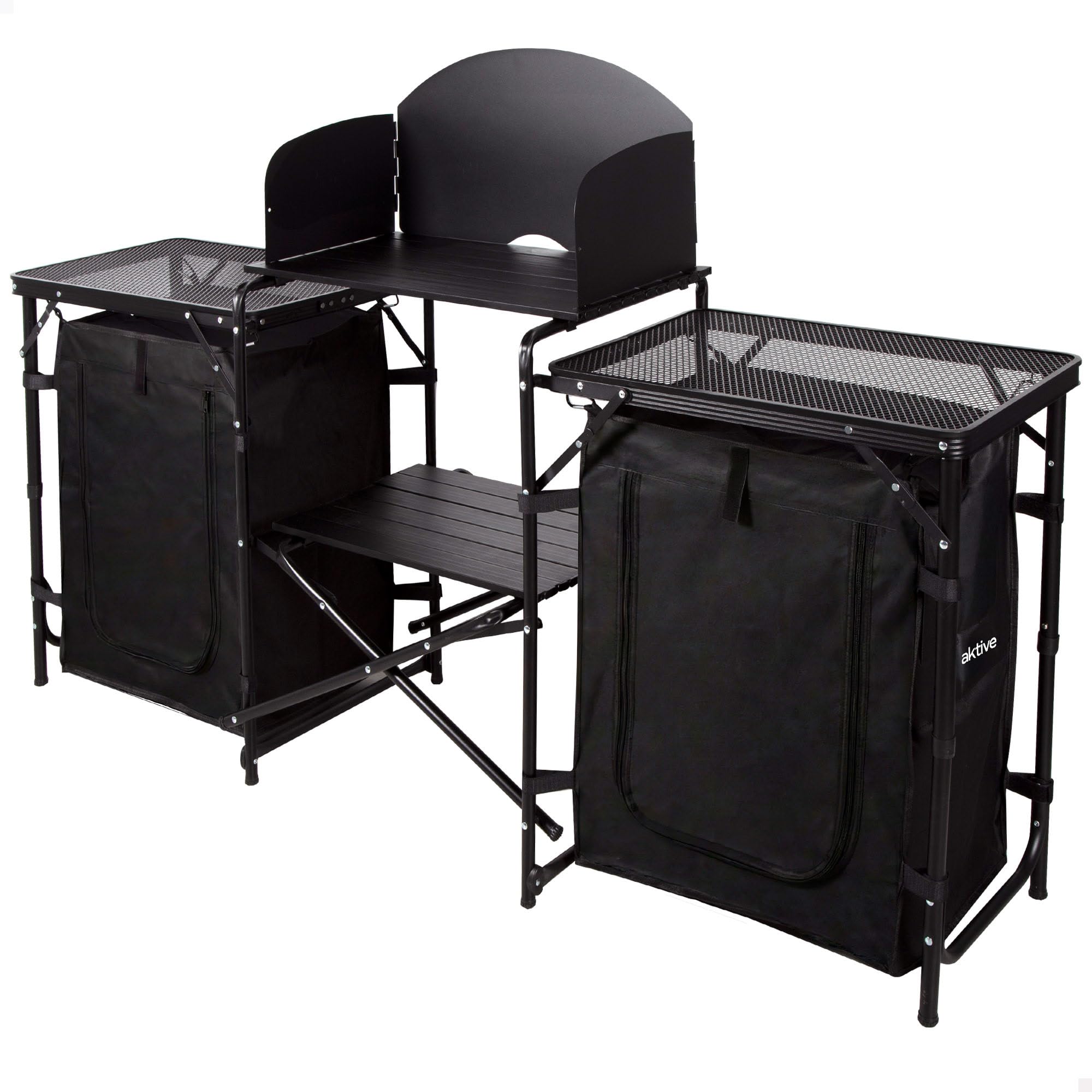 AKTIVE Kit cocina camping, 175x48x110 cm, Negro, Paraviento metálico, Armarios tejido poliéster, Estructura acero, Soporta 30 kg, Bolsa de transporte, Mesa picnic plegable (63174)