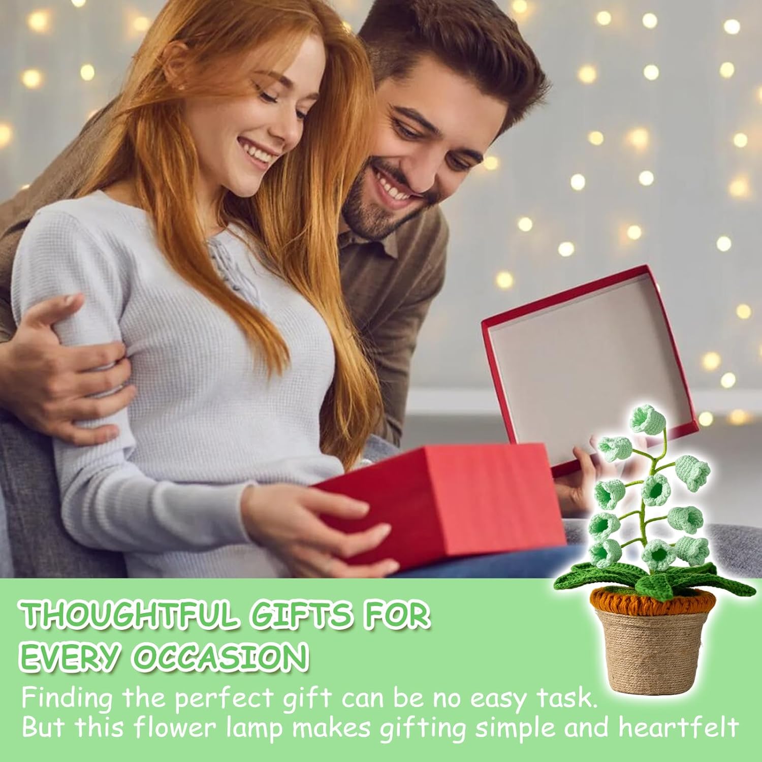 Lily of The Valley Lamp, Green Crochet Artificial Flowers with Night Lights, Cordless Table Lamp -Birthday Gifts for Women,Cozy Home Decor Mothers Day Gifts