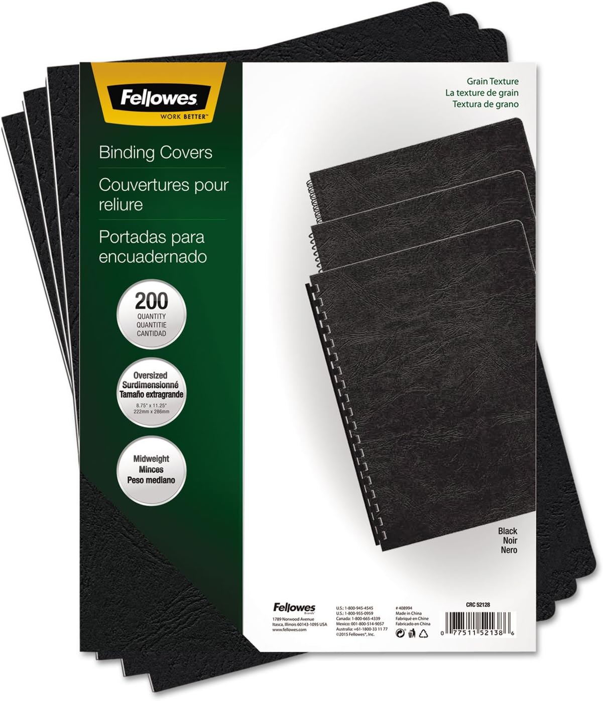 Fellowes Classic Grain Presentation Covers, Oversize, Black, 200 Pack (52138)