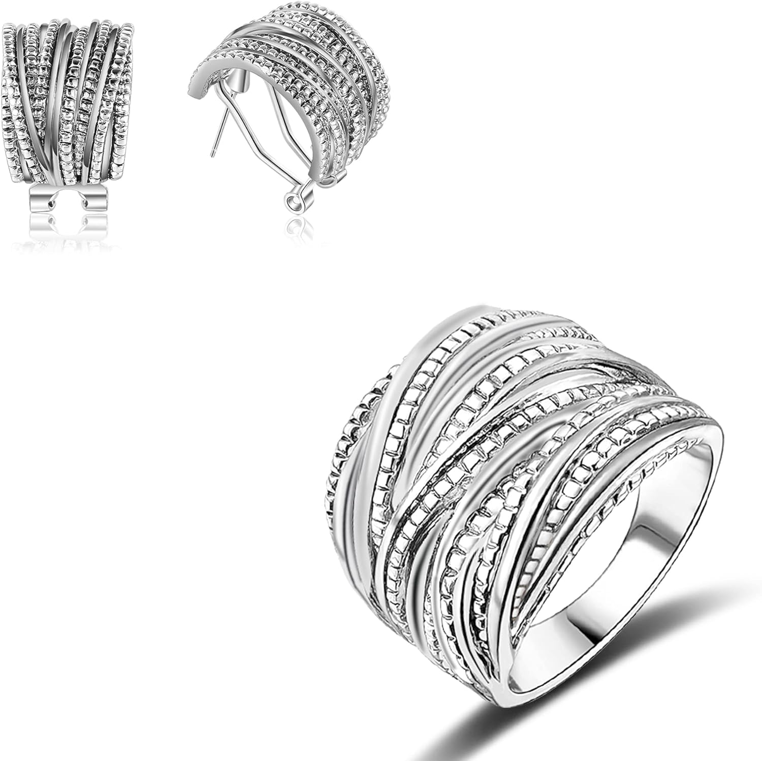 Mytys Silver Color Statement Ring with Stud Earrings Jewelry Sets for Women Ring Size 8