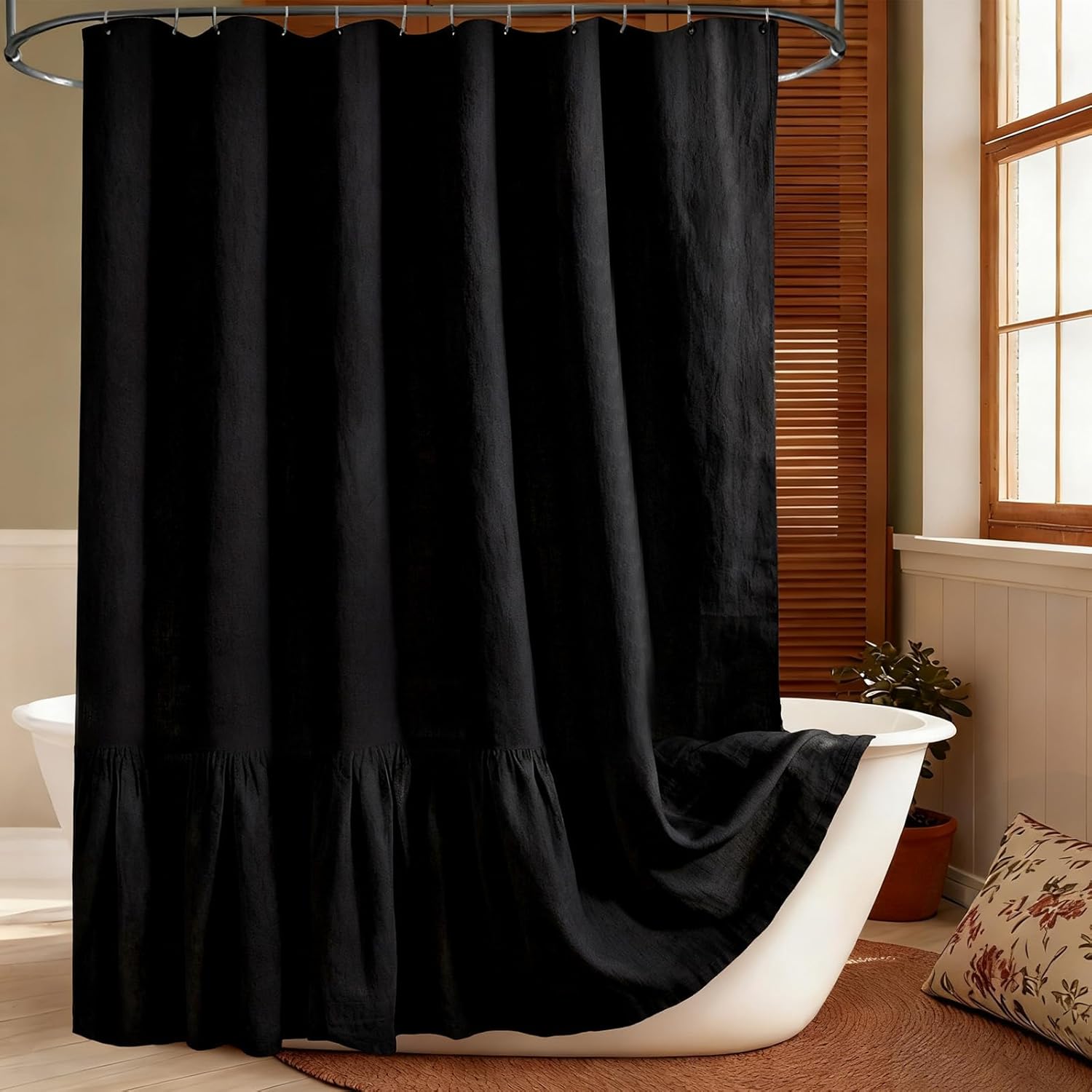 Farmhouse Shower Curtain Linen Boho Ruffle - Textured Fabric Shower Curtain Set with Hooks, 72"x72", Rustic Vintage Look - Decorative Tall Bathroom Curtain for Tub & Stall Showers,Black