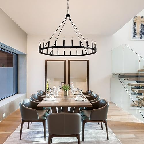 Vista 40 de Candelabro de iluminación de rueda de carro, 6 luces con pantalla de vidrio semillado, lámpara redonda de madera para cocina, isla de vestíbulo