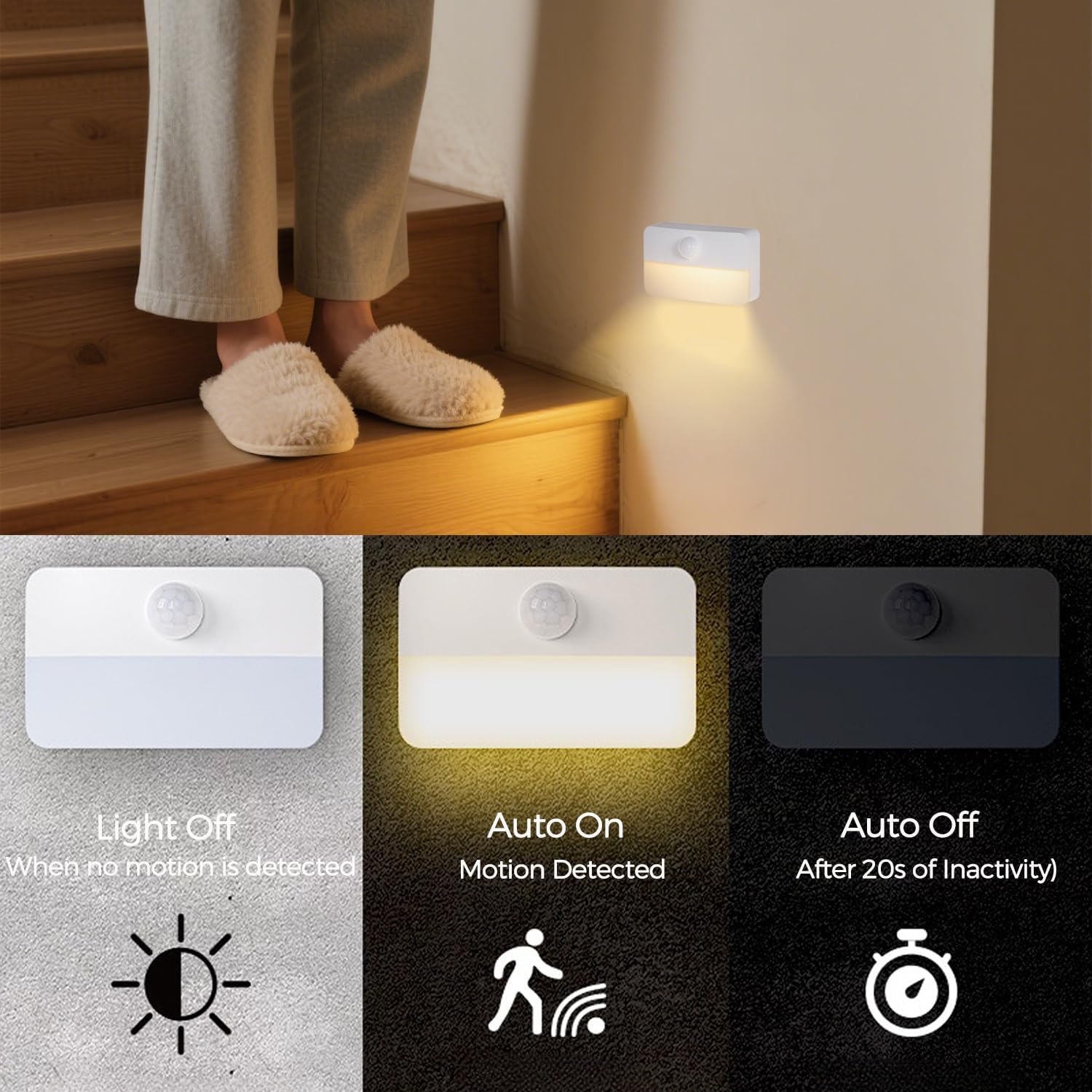 Motion Sensor Night Light Indoor, Rechargeable LED Stair Lights, Warm White Stick-On Wireless Closet Lights, Battery Operated Hallway, Cabinet, Bedroom, Kitchen Lamp (6 Pack, White)