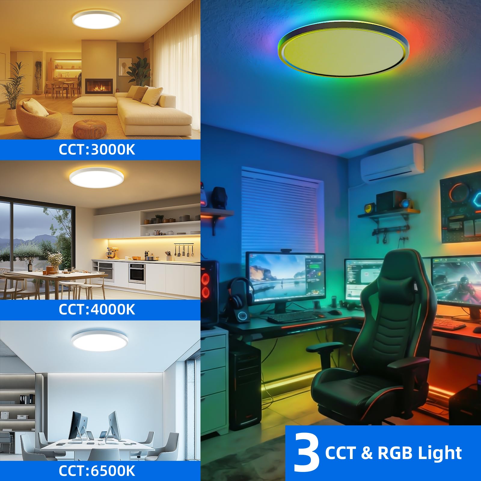 Led Deckenleuchte RGB 2 Pcs Farbwechsel, Deckenlampe Dimmbar mit Fernbedienung 24W Rund 3000K-6500K für Küche Jugendzimmer Schlafzimmer Badezimmer Wohnzimmer Kinderzimmer - Ø30cm