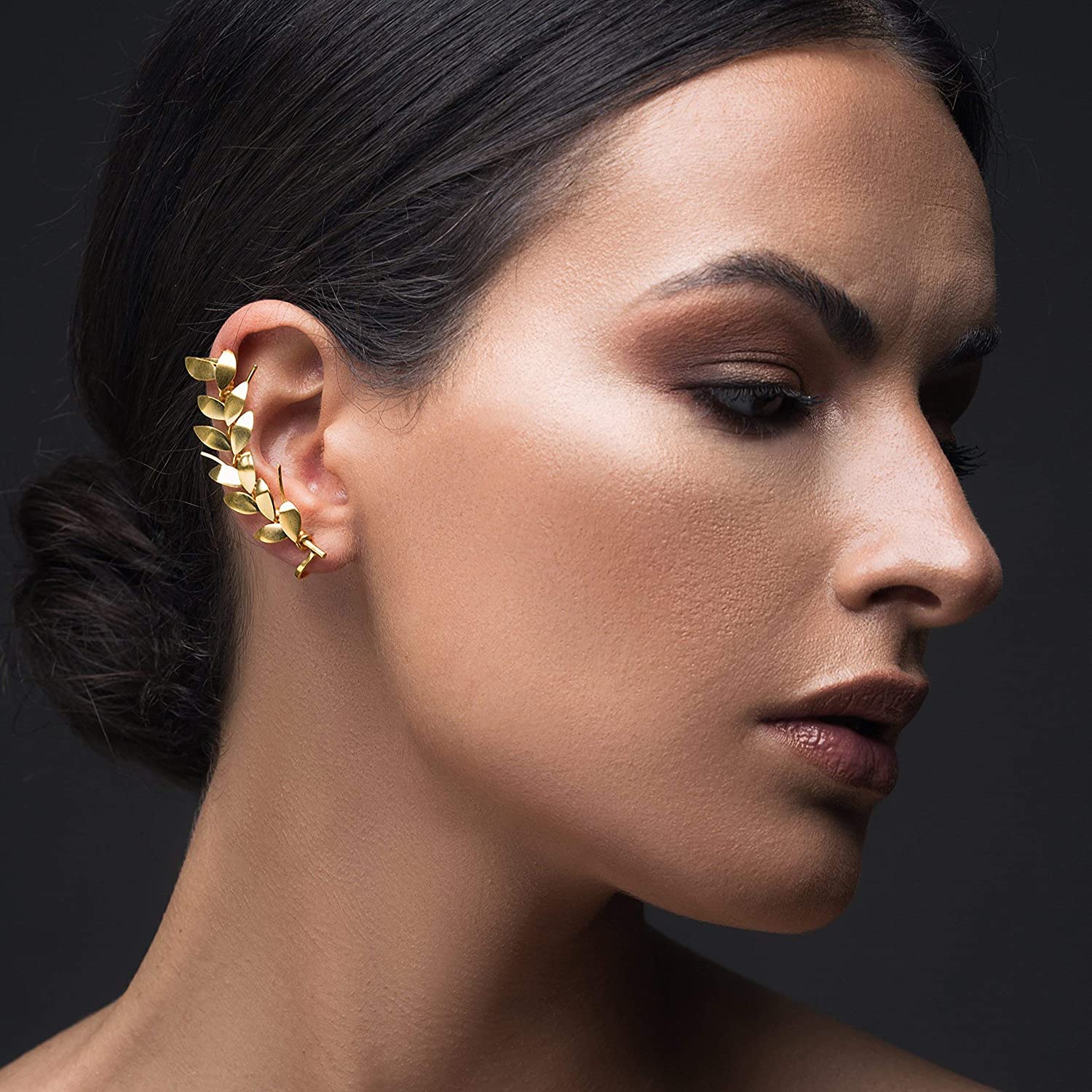 Olivenblatt Ear Cuff Ohrring ohne Ohrloch - 24K Vergoldet 925 Silber - Griechische Göttin Style - Nickelfrei Hypoallergen - Einzelner Rechts - Handmade by Emmanuela