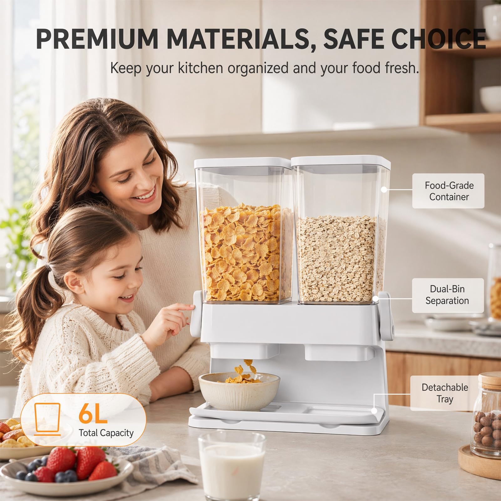 Juego de 2 dispensadores de cereales, 2 dispensadores de cereales de 3 L, a prueba de fugas y aptos para alimentos, recipientes transparentes herméticos para cereales, nueces, granos de café y avena