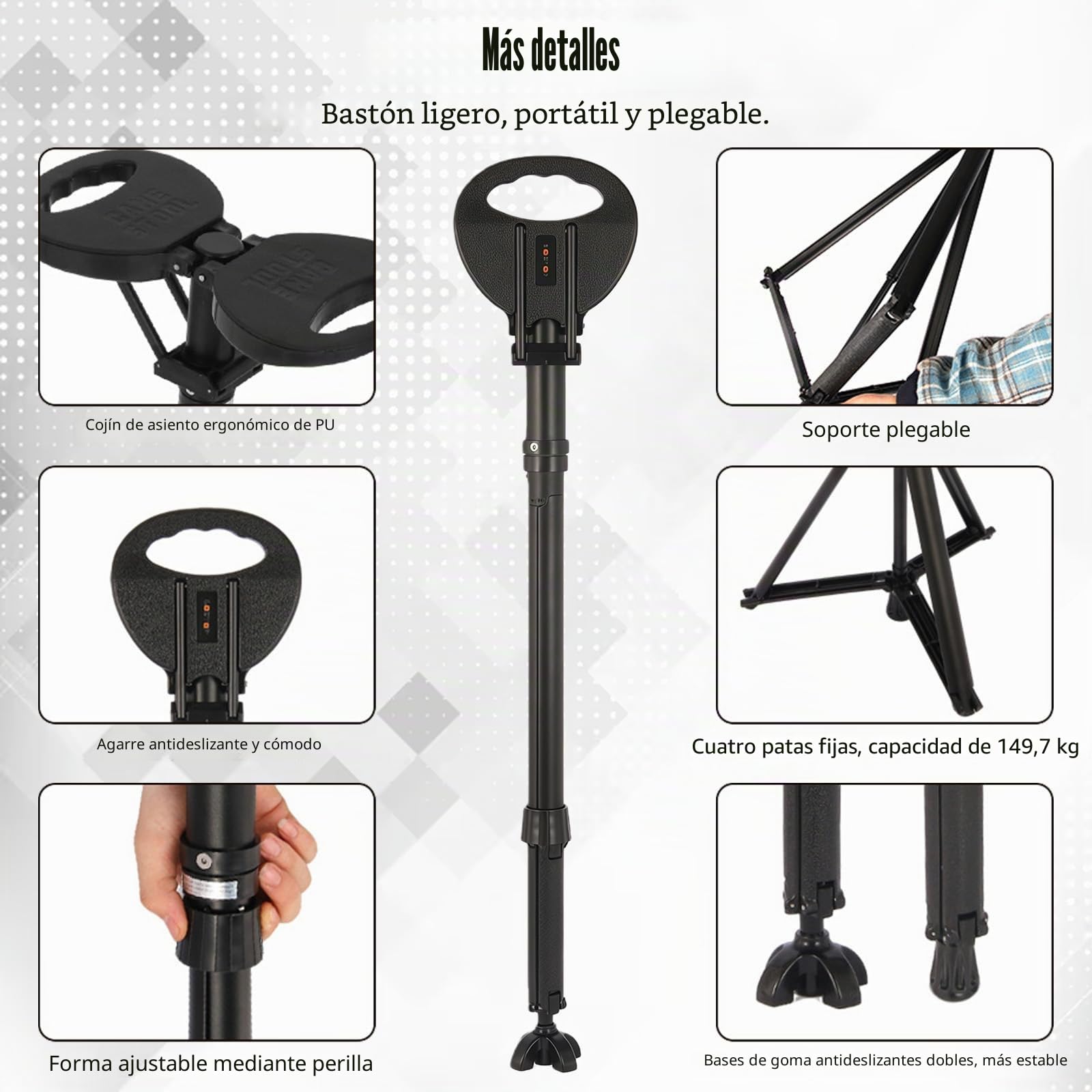 Bastón de paseo con asiento, bastón para personas mayores y adultos, bastón plegable portátil con bolsa de transporte, bastón de senderismo ajustable en altura con capacidad de asiento de 250 kg