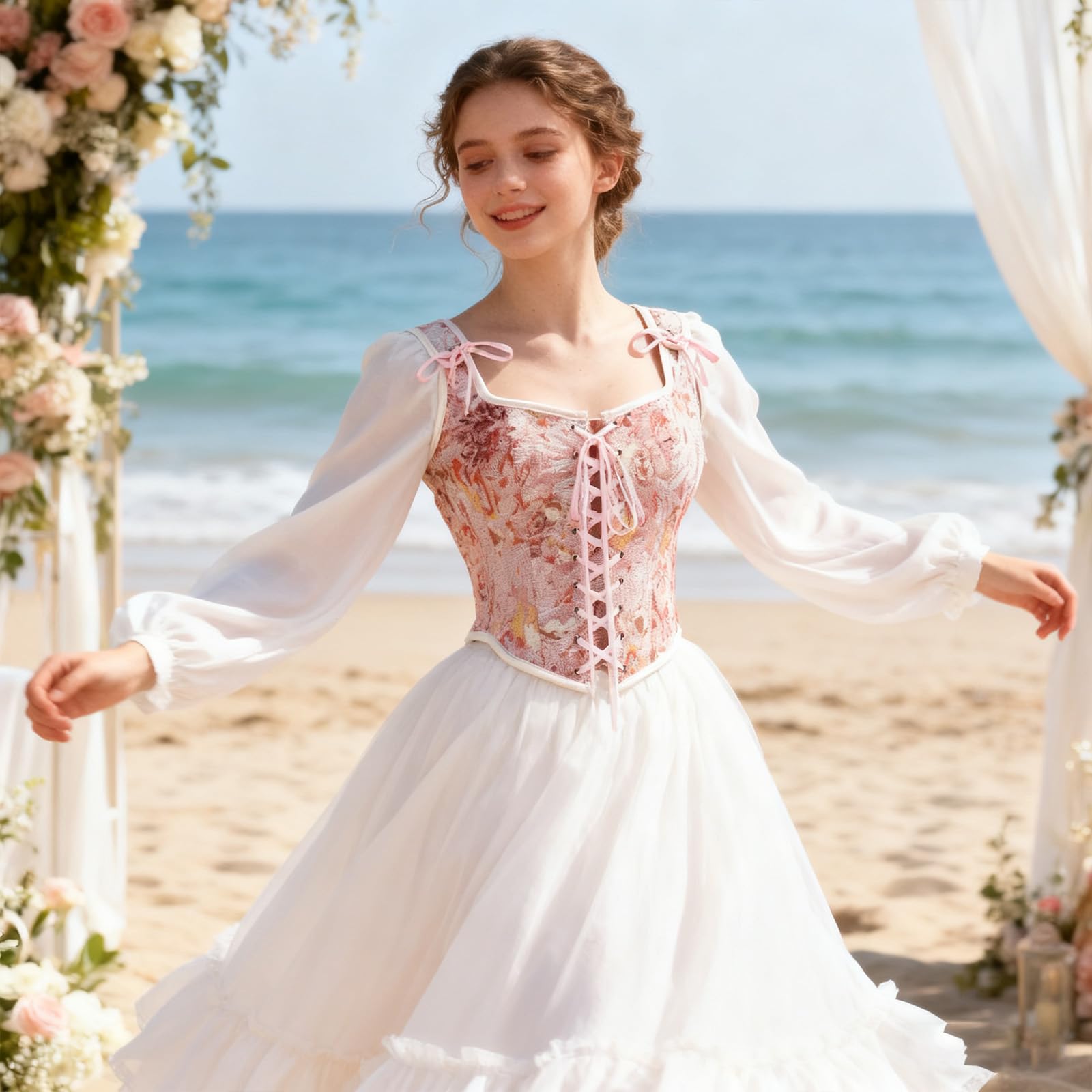 Corsé Renacentista para Mujeres, Bustier Floral con Encaje en la Espalda y Escote Redondo, Top Gótico Victoriano Steampunk para Festival