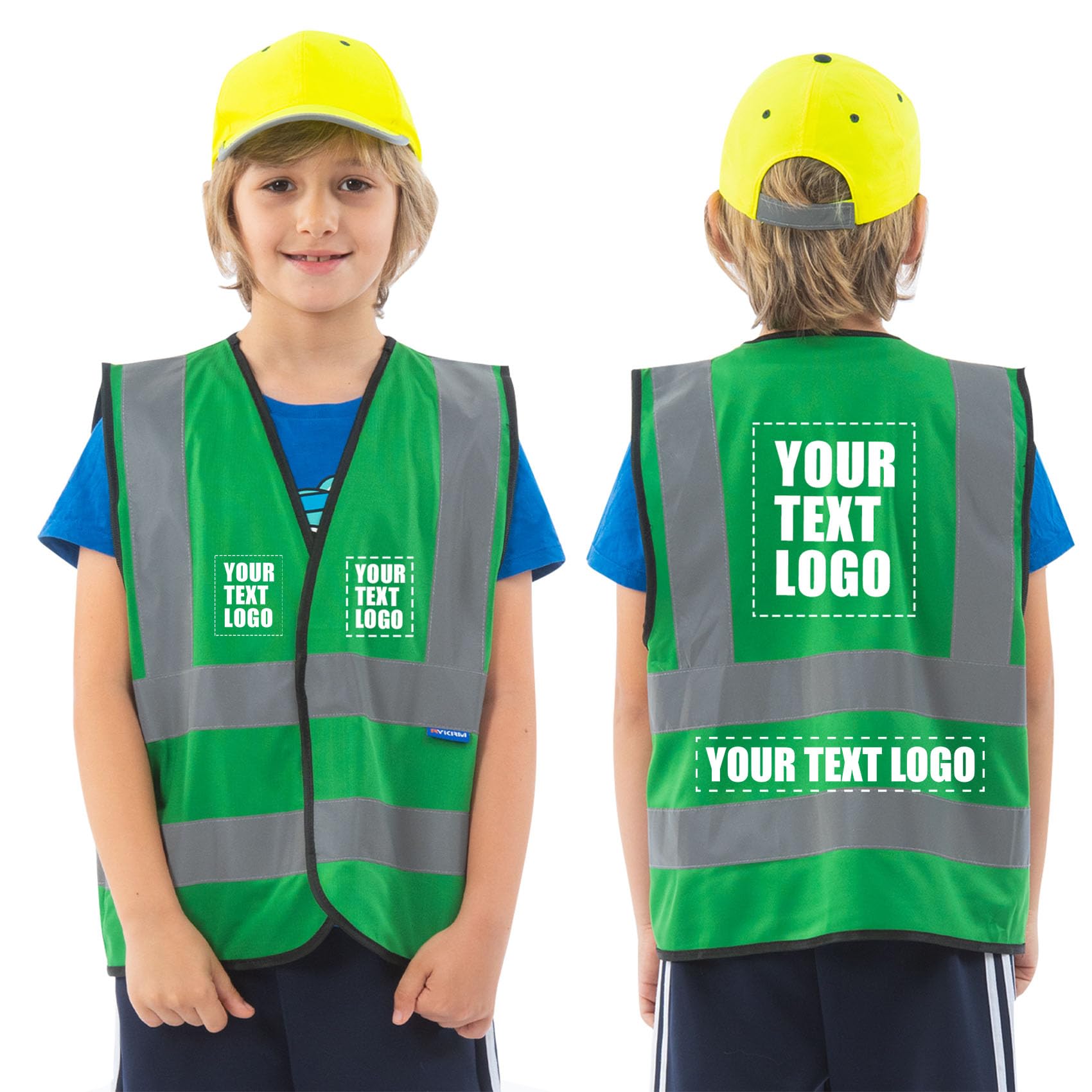 Green 6-9Y Personalised Printed LOGO SCHOOL Children high vis vest KIDS high vis Reflective Safety Vest