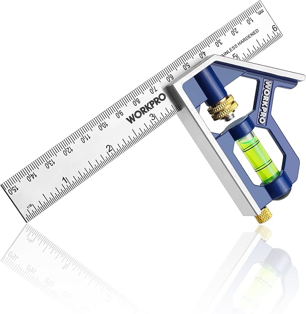 WORKPRO Carpentry Squares 6Inch/150mm, Combination Square, Engineers Set Square, Adjustable Carpentry Square 45/90 Degree with Bubble Level, Measuring Tool for Engineer Carpenter