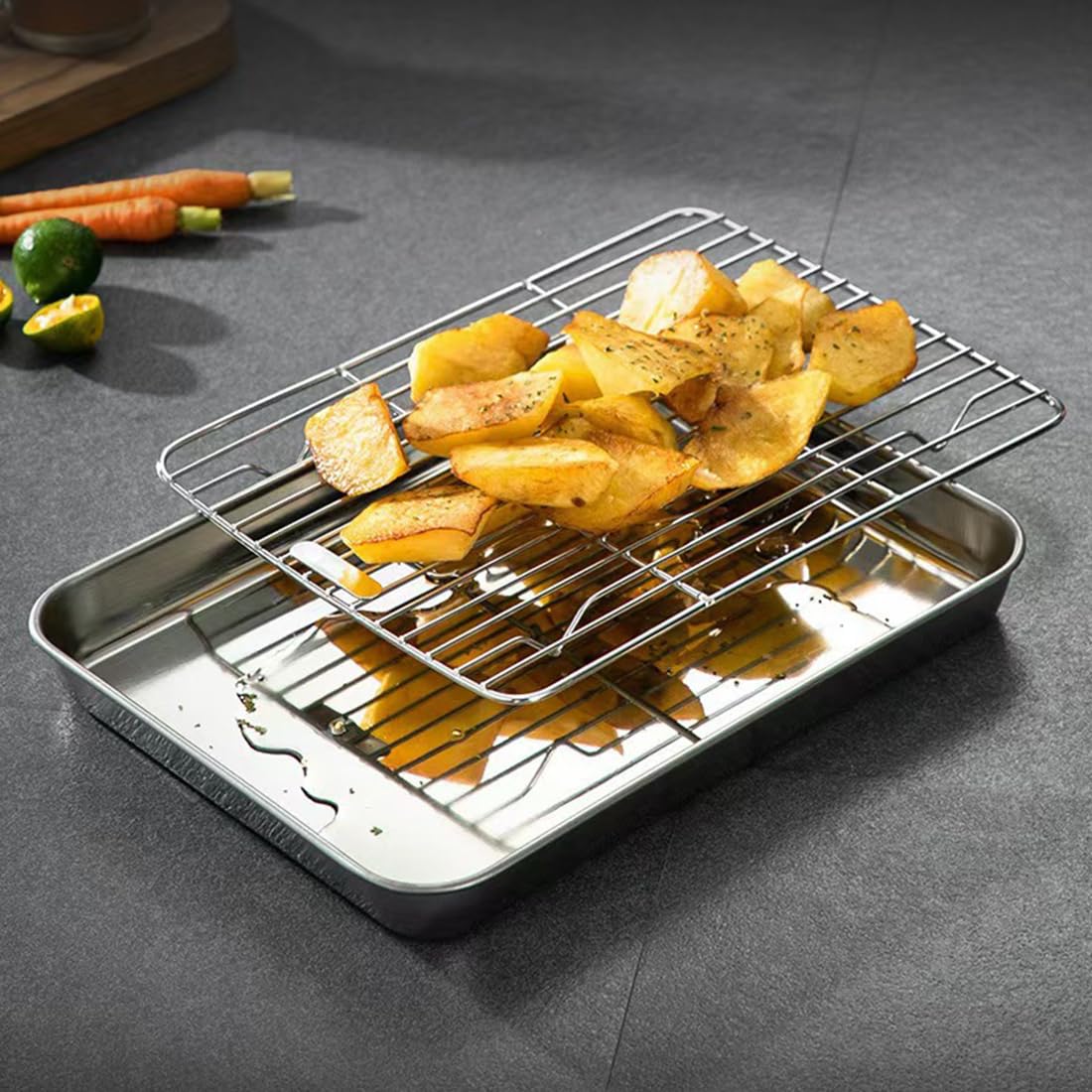 Teglia da Forno in Acciaio Inossidabile con Griglia di Raffreddamento - Vassoio Multifunzionale per Cottura, Arrosto, Raffreddamento e Sgocciolamento - Lavabile in Lavastoviglie & Antiruggine