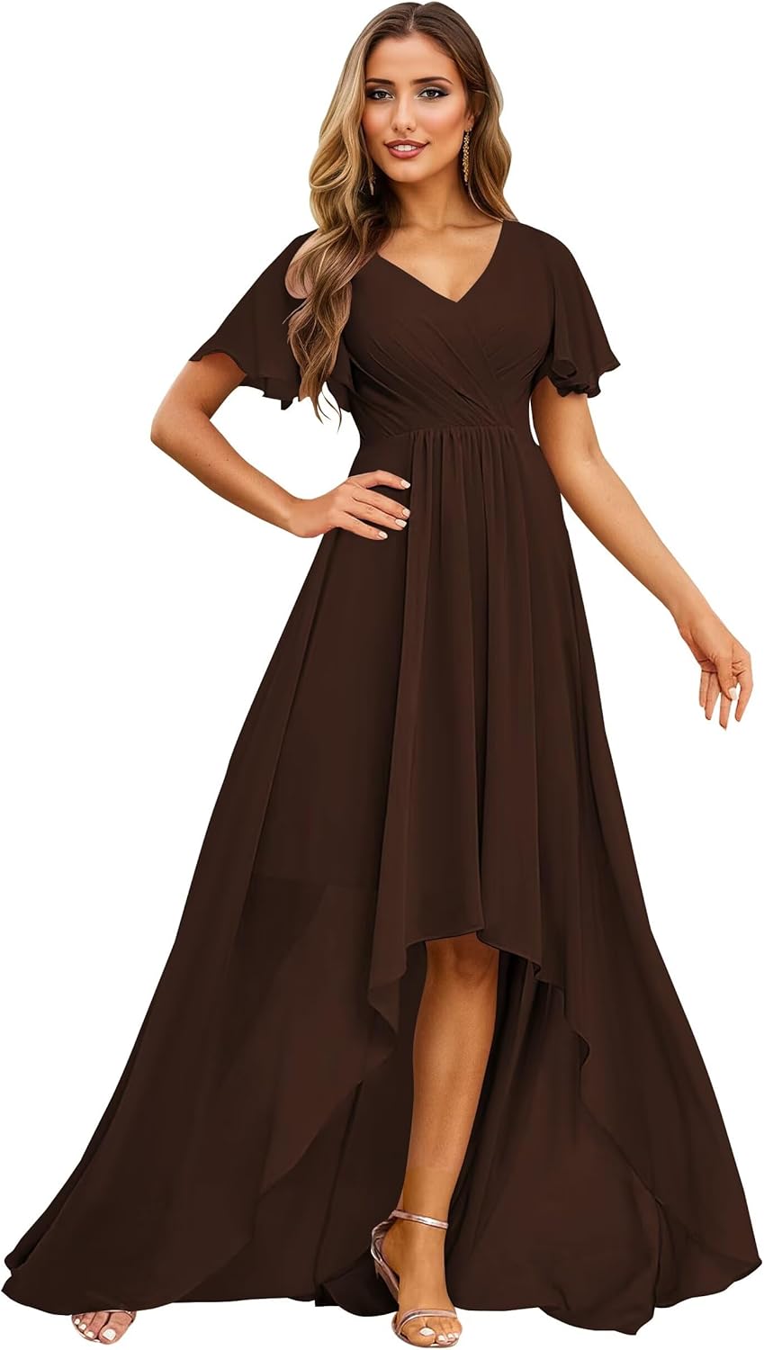 Short Sleeve Chiffon Bridesmaid Dresses 2025 V Neck High-Low Hem Formal Dress for Women