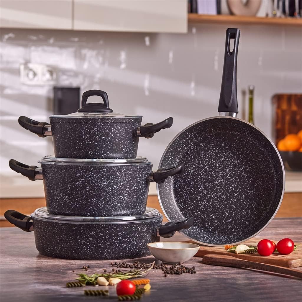 7Pcs/ Set Cookware Set Kitchenware Saucepan Cooking Pot and Pan Set Non- St?ck Granite Stainless Steel Kitchen (Color : Pink) (Pink) (Black)