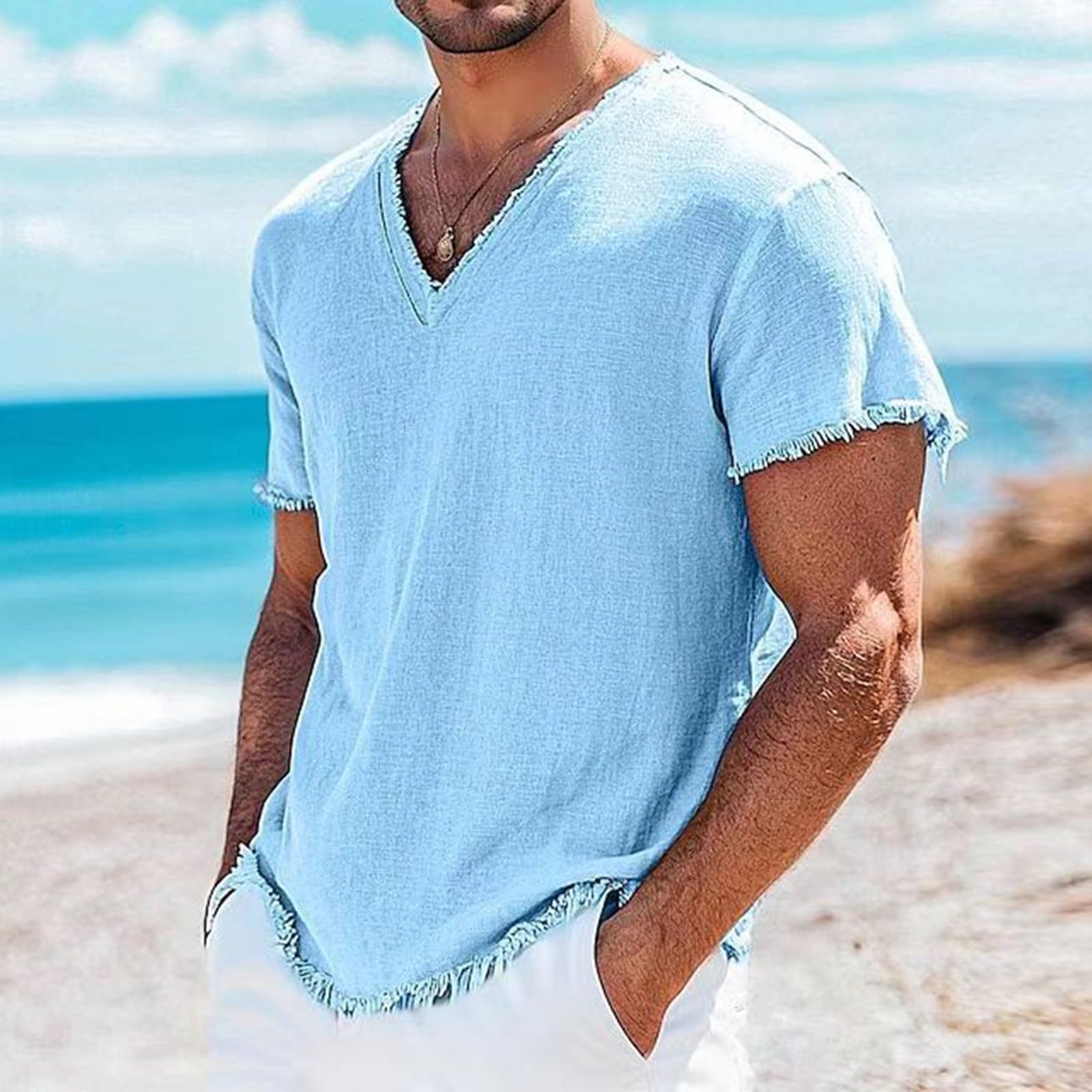 QXQLSH - Camicie da uomo in lino a maniche corte con scollo a V, bordo sfrangiato, finitura ruvida, traspirante, comoda, estiva