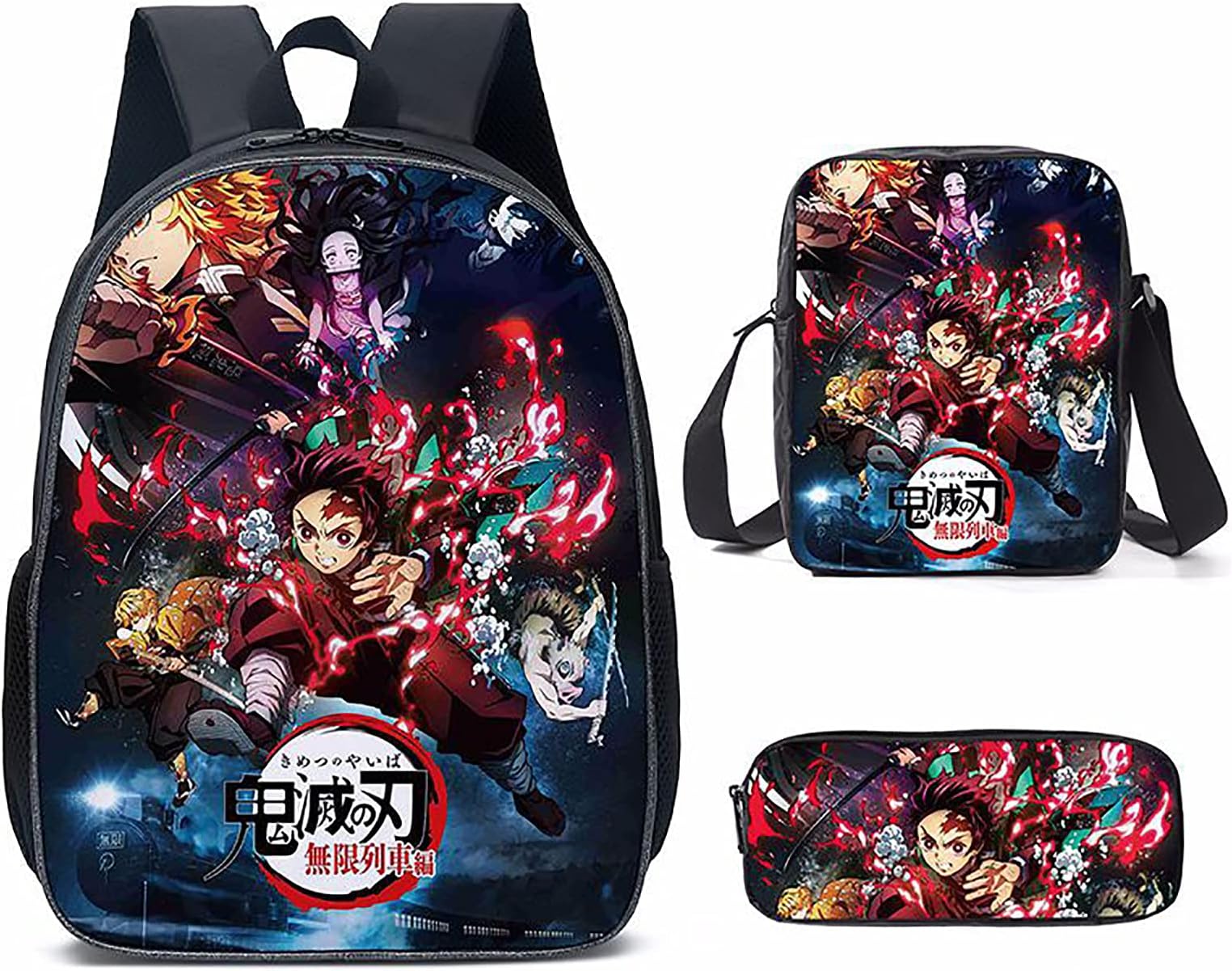 Elementary And Middle School Students Anime Demon Slayer Backpack Three-Piece Backpack Satchel Pen Bag Comic Fan Fan Supplies (Unlimited train)
