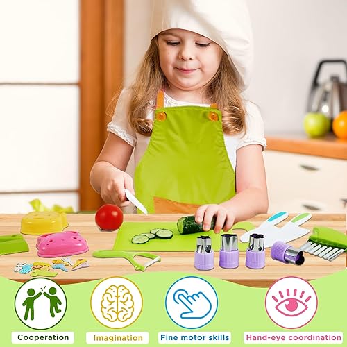 Miniatura 7 de Juego de 26 cuchillos para niños para cocina real, herramientas de cocina Montessori con tabla de cortar para niños, juegos de cocina para niños de