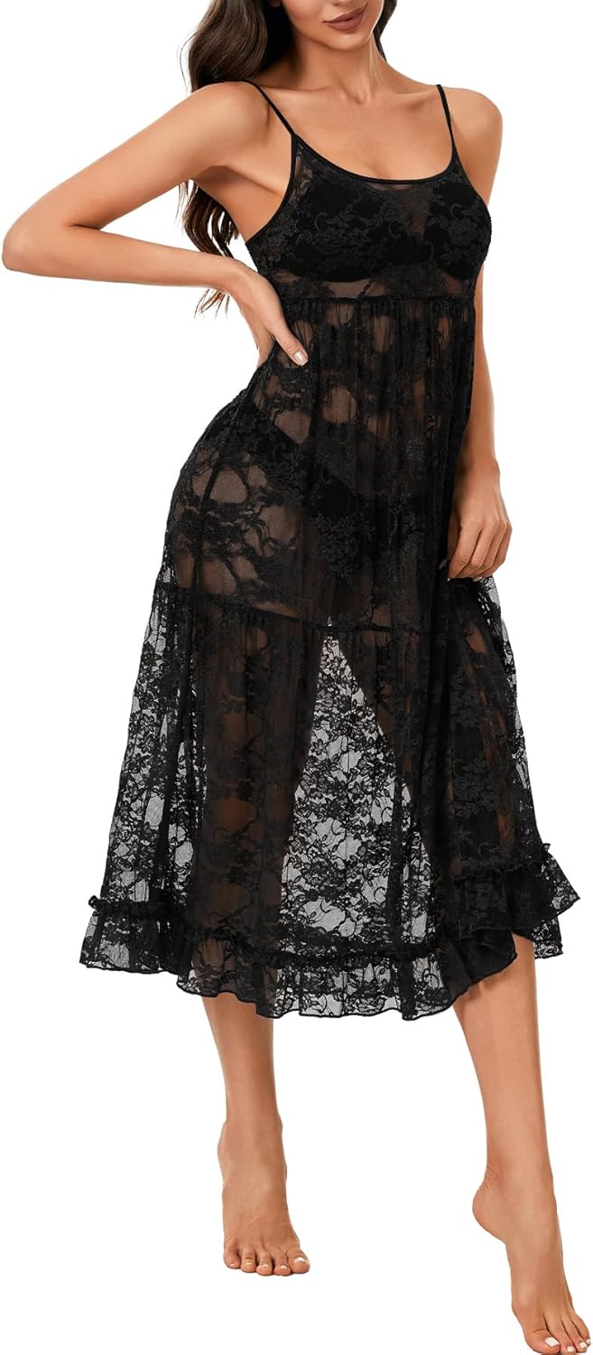 Rooscier Women's Floral Lace See Through Sheer Spaghetti Strap Sleeveless Sexy Long Nightgown - Image 4