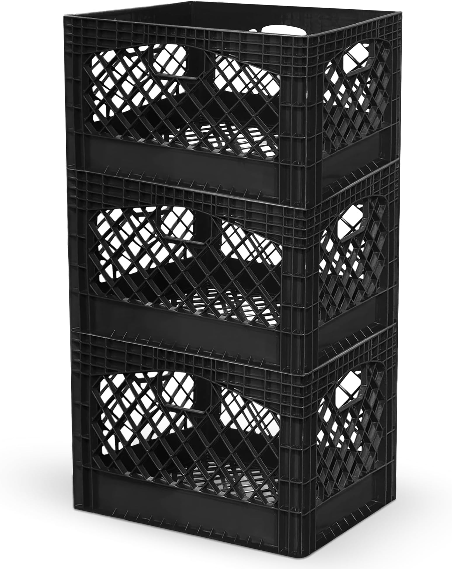Juggernaut Storage 3-Pack 24-Quart Heavy-Duty Plastic Stackable Milk Crates with Handles, Black – Open Bin Basket Organizers for Home, Office, Dorm, and Car Organization