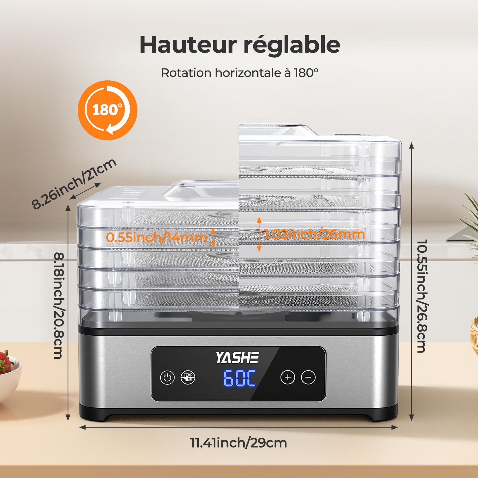 YASHE Déshydrateur Alimentaire, 5 Plateaux En Acier Inoxydable, Minuterie Et Température Réglables, Flux D'Air À 360°, Sans BPA, Déshydrateur 400W Pour Jerky, Fruits, Herbes, Friandises Pour Chiens