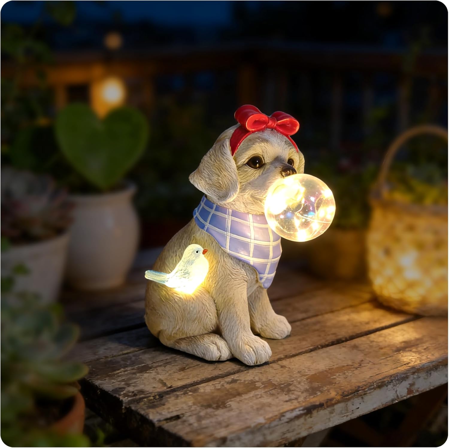 Solar Garden Dog Statue, Detachable Outdoor Decorative Stake, Light Brown Resin Labrador with LED Bubble & Bird, Christmas Decorations, Waterproof Yard Decor for Patio, Lawn, Birthday