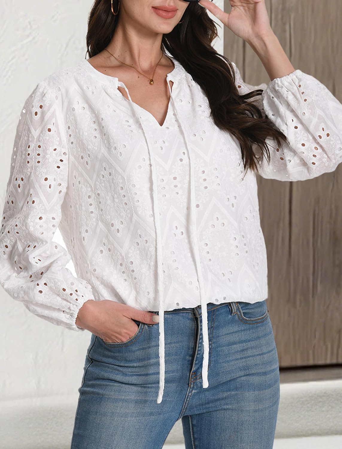 Womens Tops Dressy Casual V Neck Blouses Long Sleeve Tunic Hollow Out Lace Embroidered Shirts Fashion Clothes - Image 5