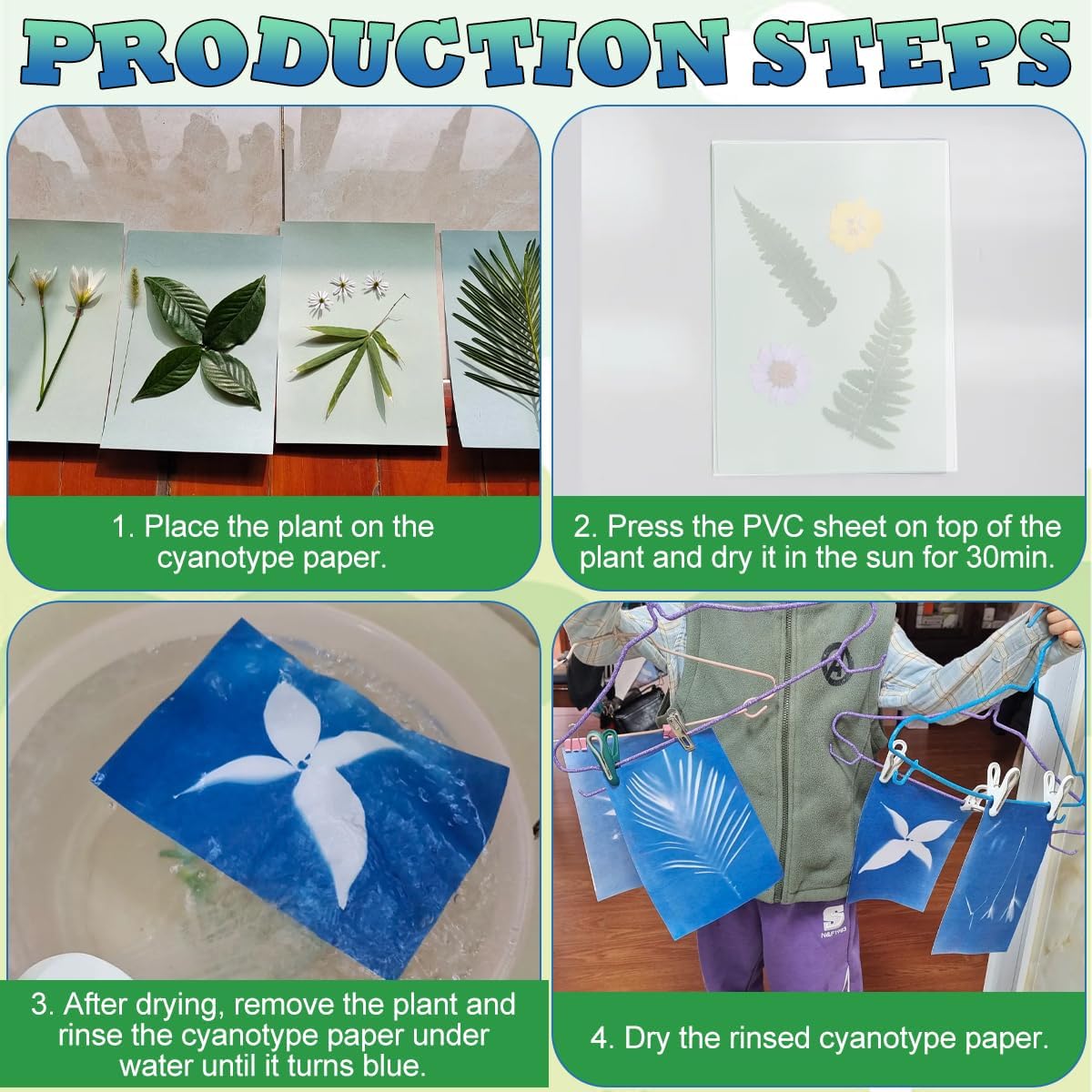Cyanotype Sun Print Kit – 50 Sheets A6 High Sensitive Nature Solar Activated Paper + 1 Acrylic Panel, DIY Sun Printing Art Supplies for Cyanotype Crafts, Botanical Printing