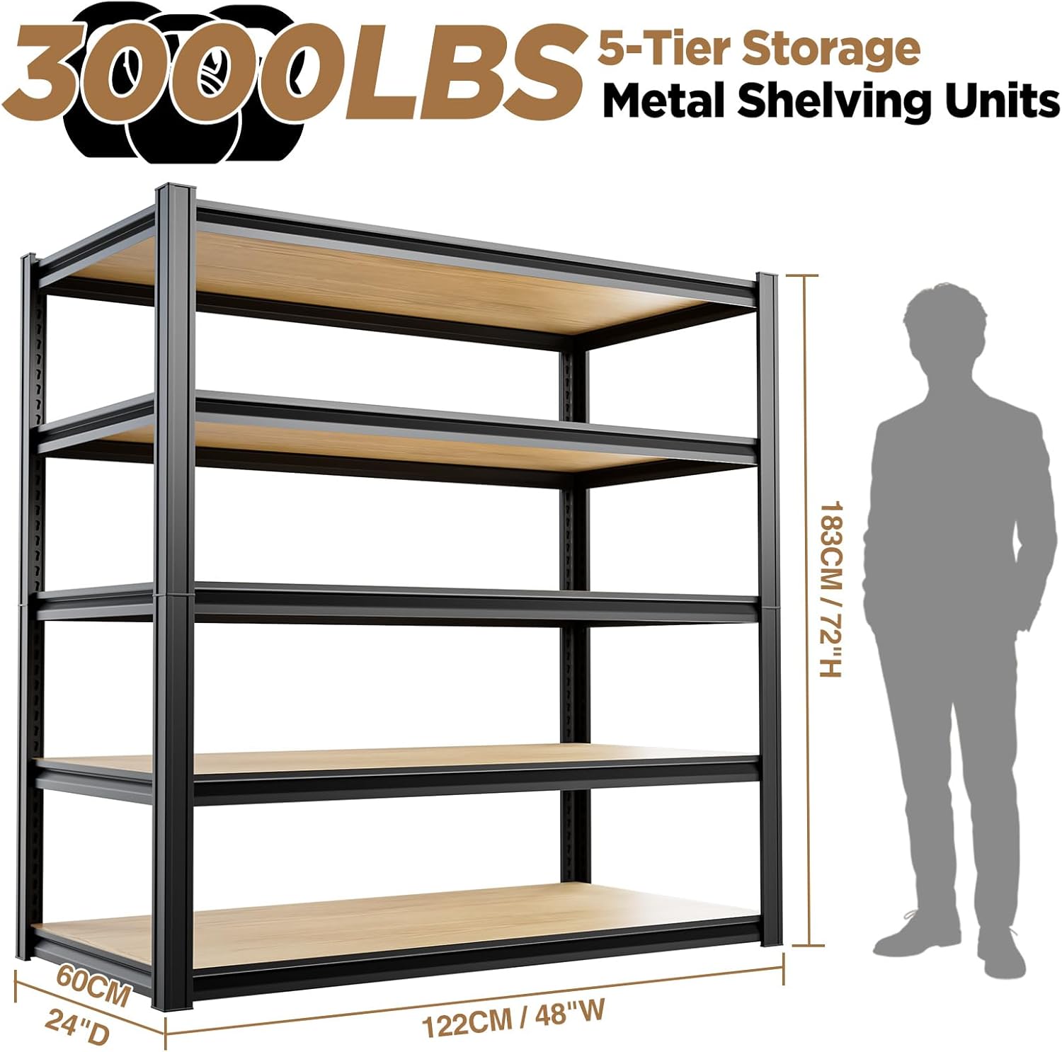 5-Tier Garage Shelving Heavy Duty 48" W x 24" D x 72" H Basement Storage Shelves 3000LBS Industrial Utility Shelf Adjustable Kitchen Pantry Metal Shelving Units(Black)
