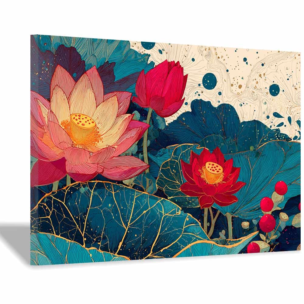 Xeniou Multicolor Flowers Canvas Red Lotuses Wall Art Canvas Wall Art, For Living Room Bedroom Restaurant Home Office Wall Decoration(Multicolor)-60X90cm Framed