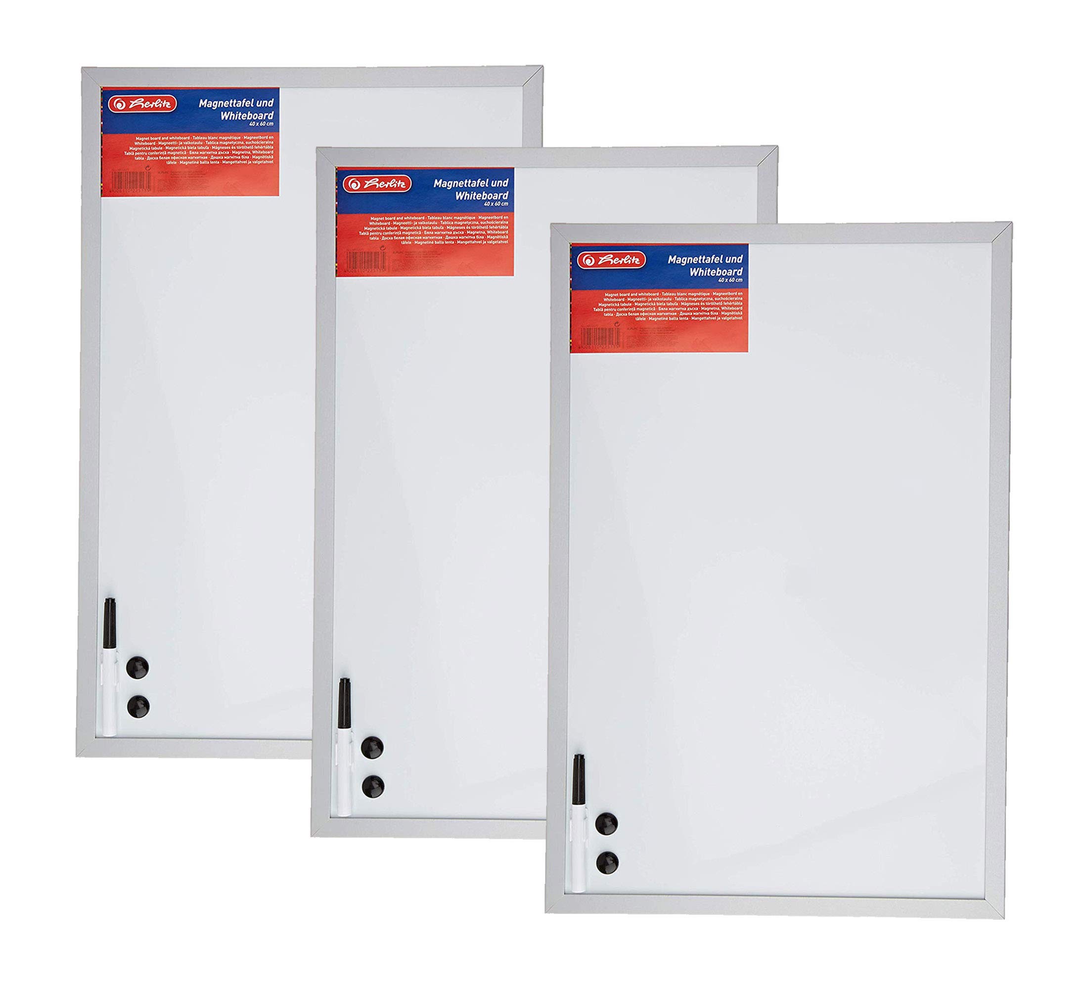 Herlitz 10524627 Whiteboard und Magnettafel (silbernen Holzrahmen, 40 x 60cm) weiß (3 Stück)
