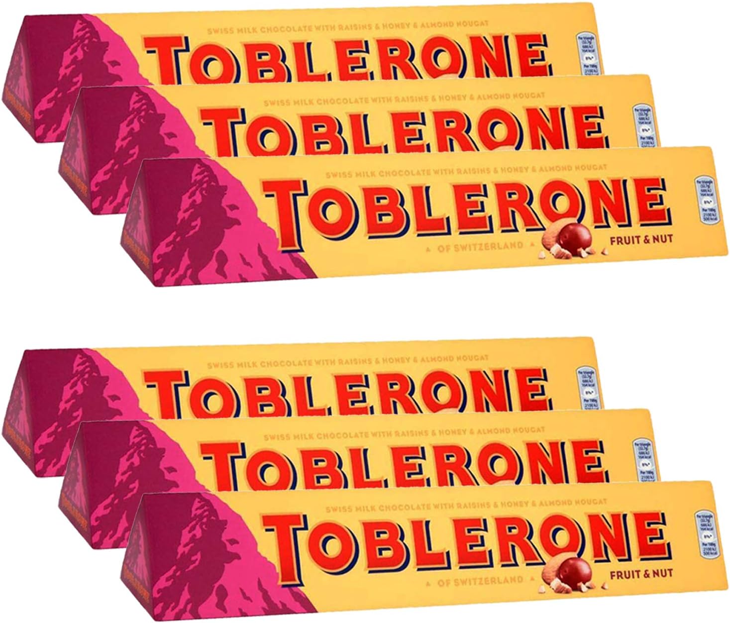 Toblerone of Switzerland Fruit & Nut with Raisins, Honey and Almond Chocolate Bar - 6 Pack, 6 X 100 g
