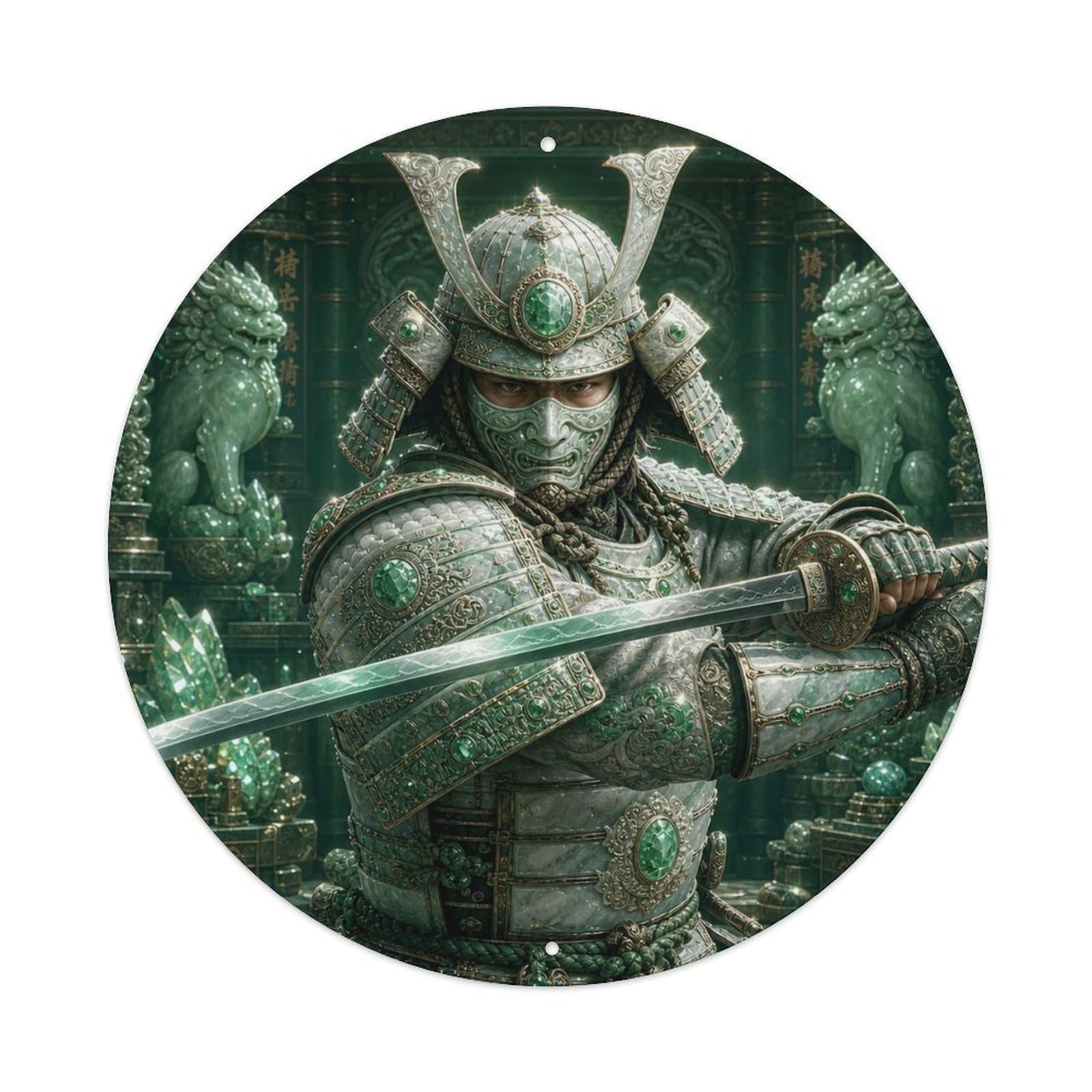 Okngb Style Ronin Jade Green Turning Defense Motion Samurai Crest Metal Tin Sign Plaque Wall Decor For Cafe, Man Cave, Club Bar, Office, Home Garden Round Metal Poster 8X8inch