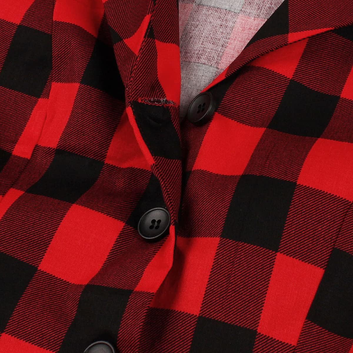 Women Notched Lapel Collar 50s 60s Vintage Buffalo Plaid Cocktail Swing Dress Short Sleeve V-Neck Buttons 1950s Audrey Hepburn Rockabilly Prom Dress Wedding Midi Evening Dress with Belt Red-Plaid S - Image 2