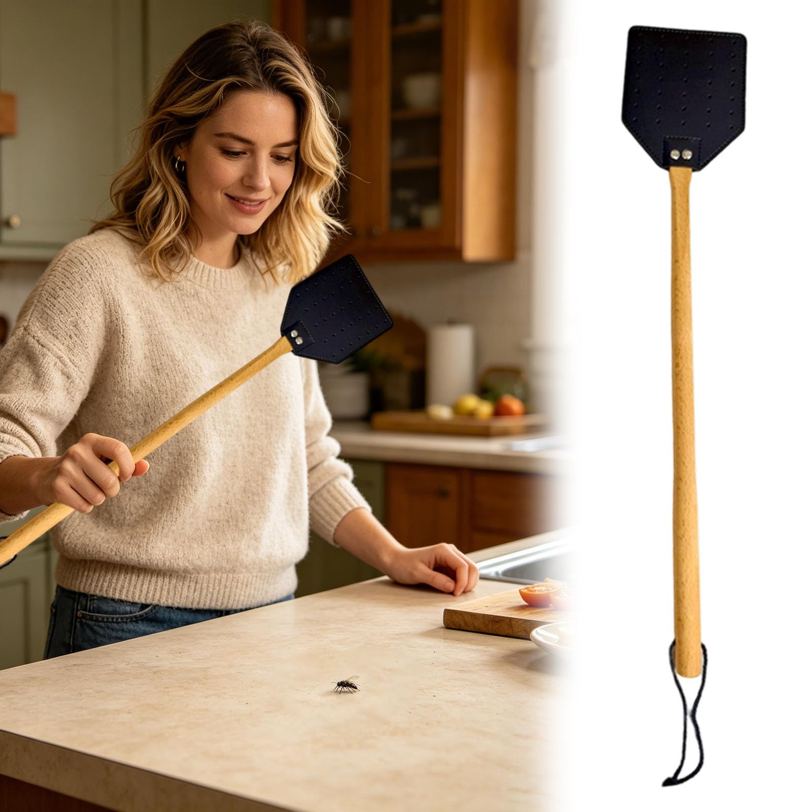 Leather Fly Swatter with Long Wooden Handle, 2 Pack Manual Insect Catcher Paddle for Indoor and Outdoor Home Pest Control, Heavy Duty Fly Swat Set with Hanging Lanyard (Black)