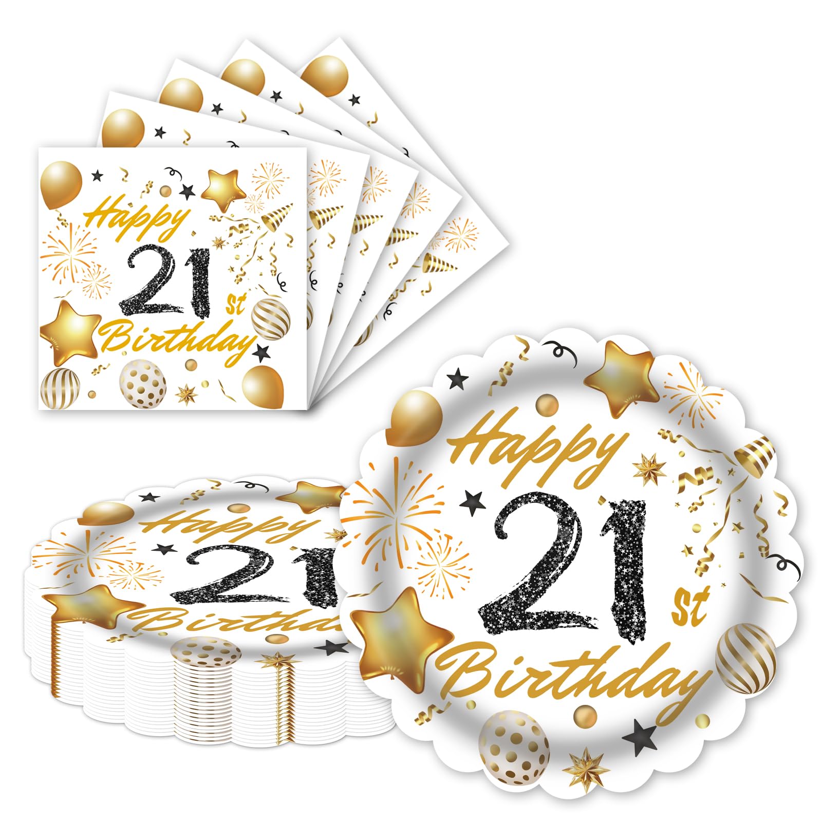 LDFDRT 9 Inch 21st Birthday Party Plates and Napkins 40PCS White and Gold Happy Birthday Plates and Napkins Disposable Cake Dessert Tableware Set for 20 Guests