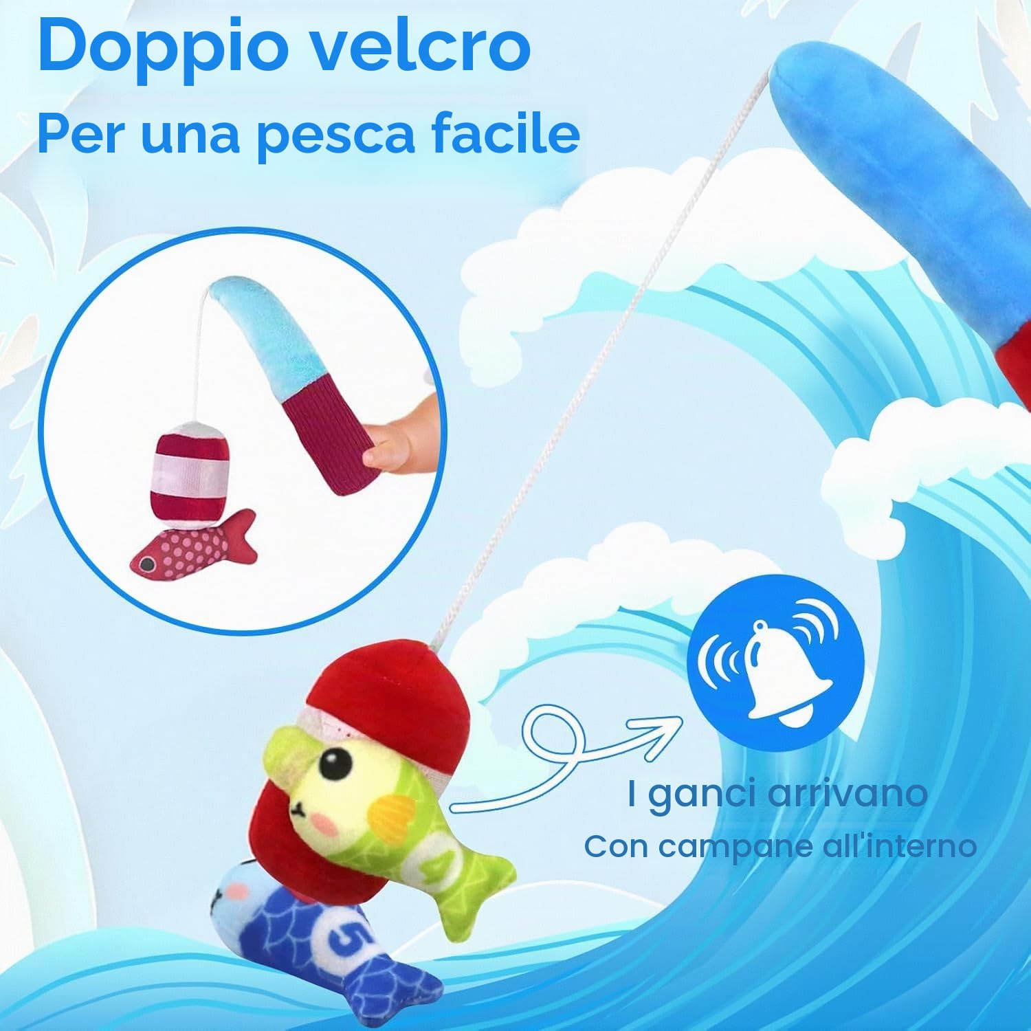 Gioco Pesca Magnetico Morbido in Tessuto per Bambini 1-3 Anni, Giocattolo Educativo Montessori con 15 Pesci e Secchielli