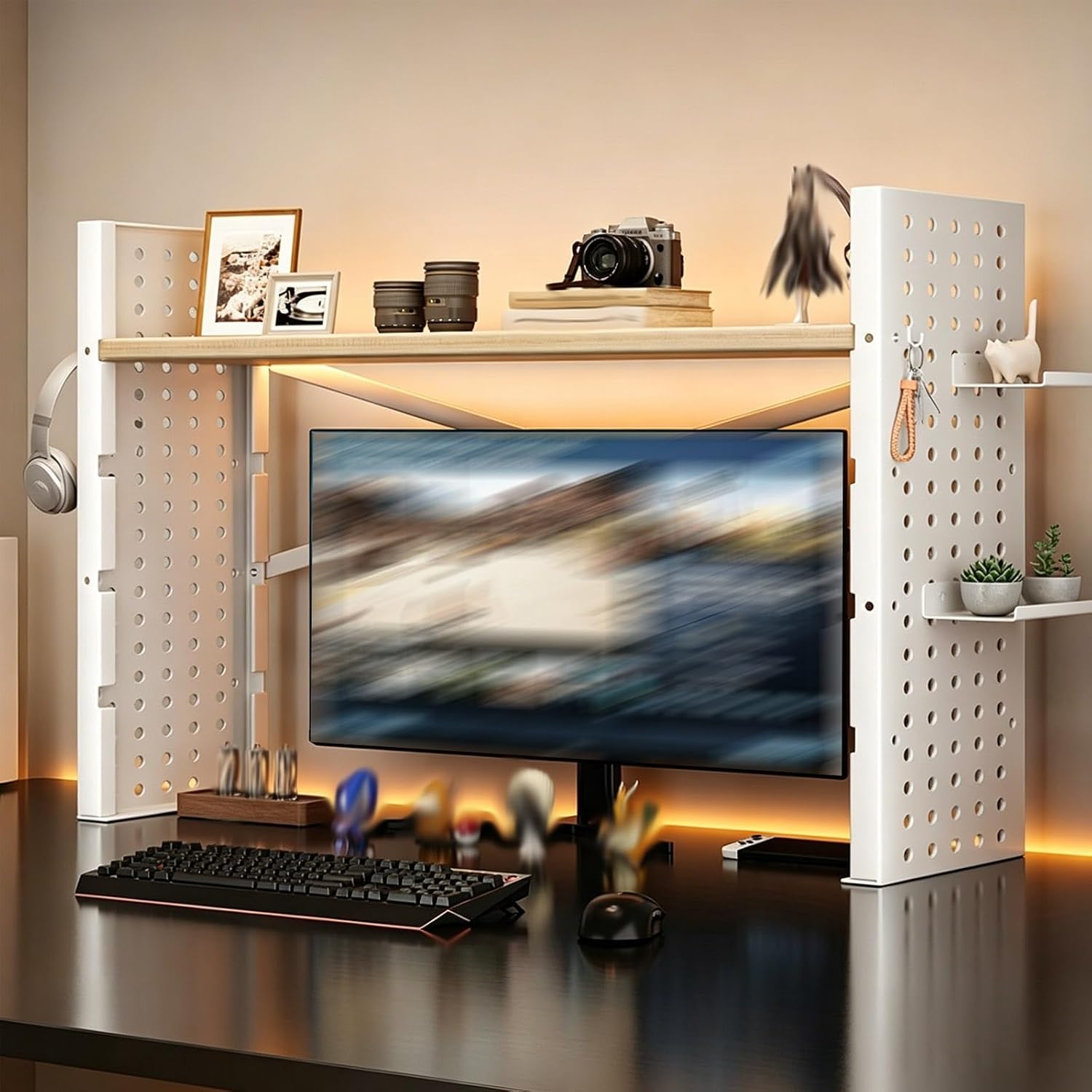 Multi-Tiered Storage Organizer Shelf, Countertop Storage Rack with Pegboard,Multipurpose Bookshelf Storage Rack,Desktop Bookshelf Storage Rack for Home(White,100x20x55cm/39.3x7.8x21.6in)