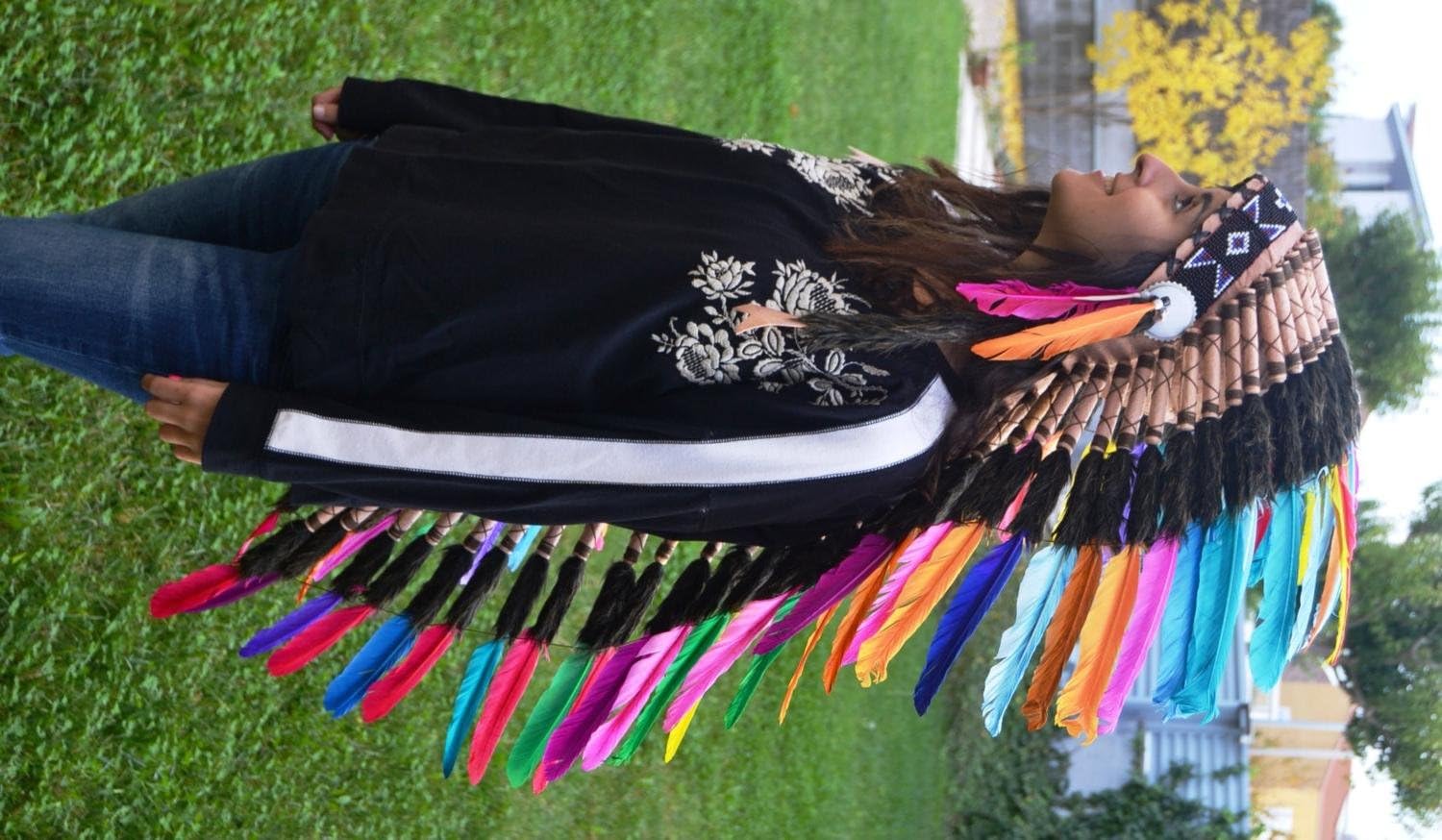 E38-Extra Large Colorful Feather Headdress (43 Inch Long)