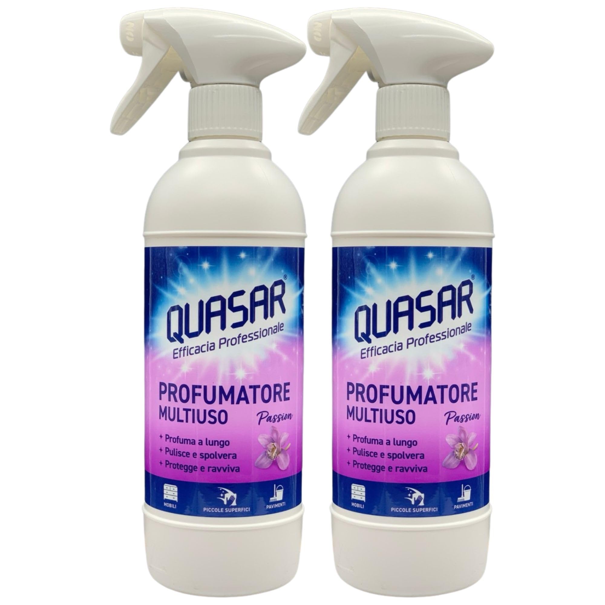 Quasar Spray PROFUMATORE MULTIUSO Profuma a Lungo, Pulisce e Spolvera, Protegge e Ravviva. Disponibile In Diverse Fragranze 500ml (2 Spray, PASSION)
