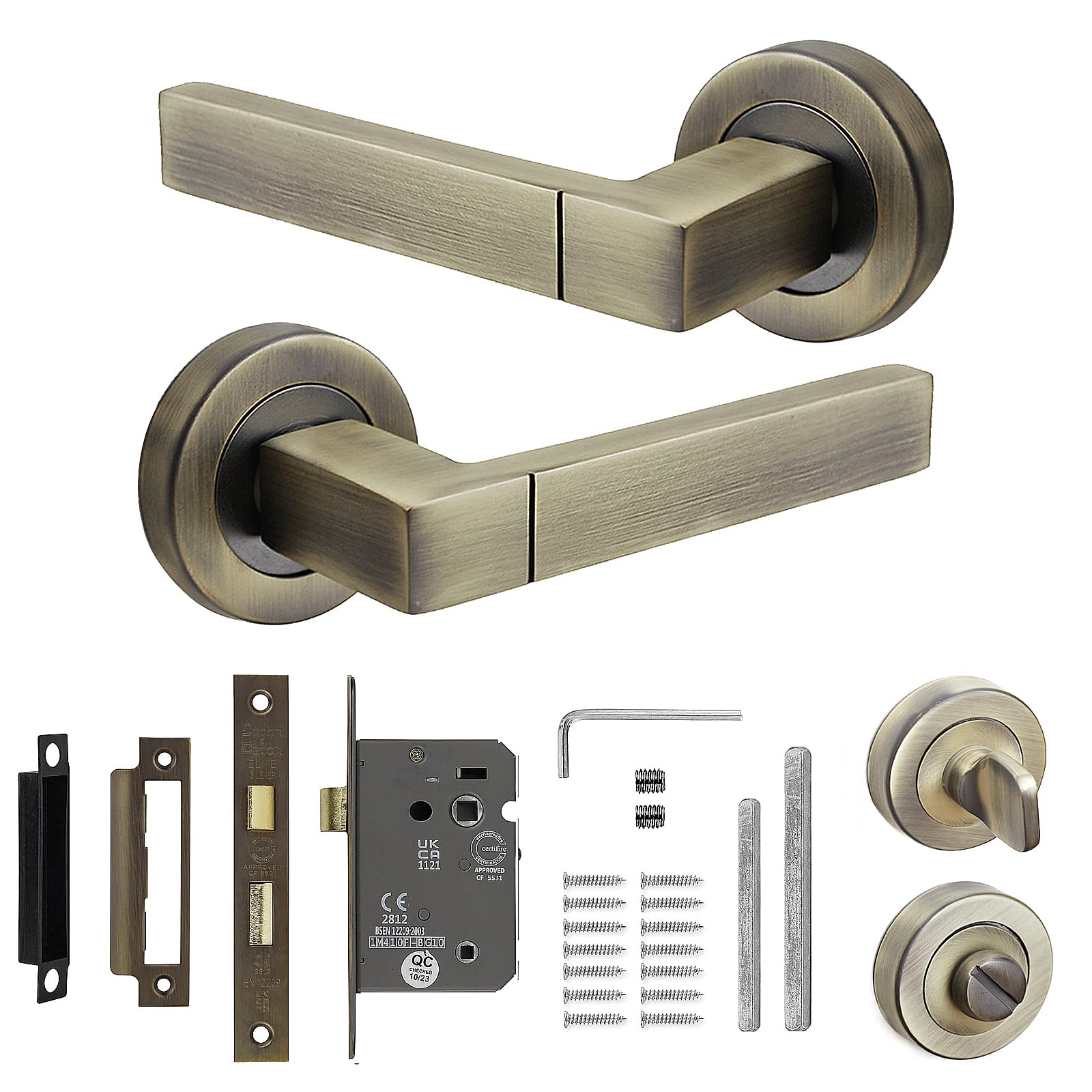 DecoranddecorDoor Handle SetAntique Brass Bathroom Door Handle With LockBrass Internal Door Lever HandlesLumina Range from B&Q