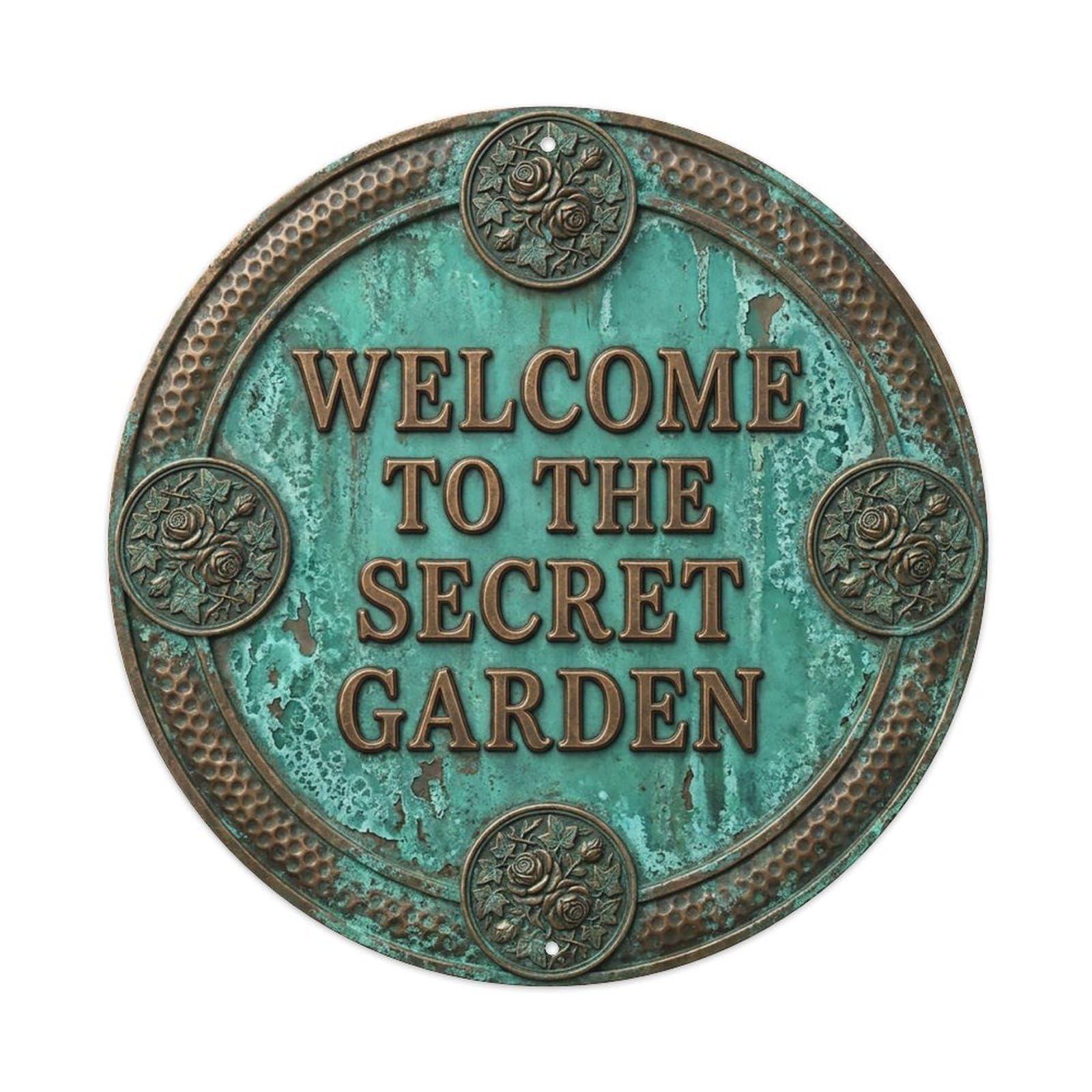 Vintage Welcome Secret Garden Floral Hammered Metal Tin Sign